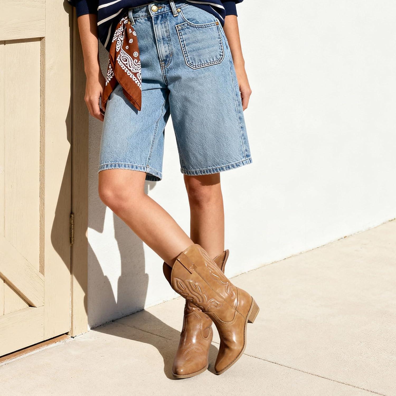 imageDREAM PAIRS Womens Cowboy Boots Mid Calf Cowgirl Boots Embroidery Stitched Western BootsTan