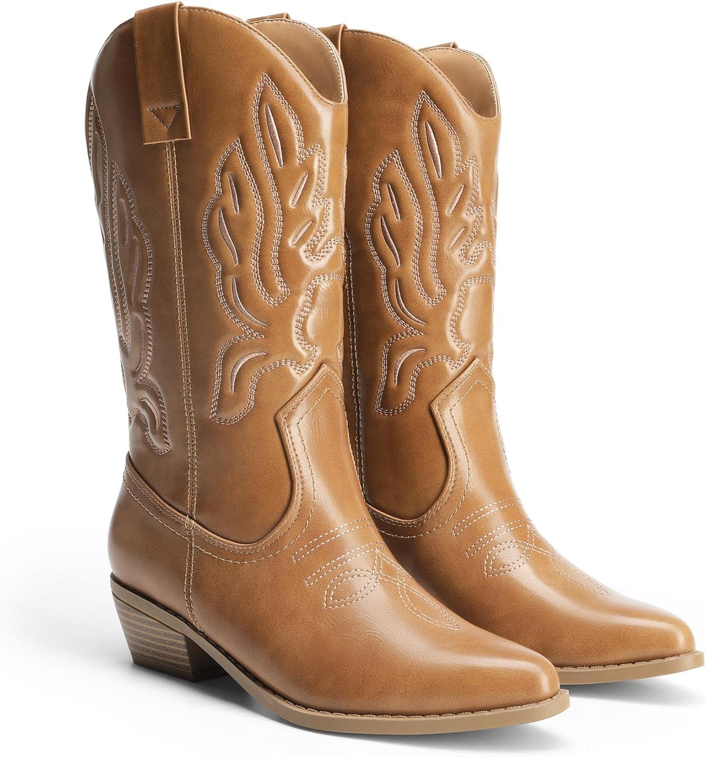 imageDREAM PAIRS Womens Cowboy Boots Mid Calf Cowgirl Boots Embroidery Stitched Western BootsTan