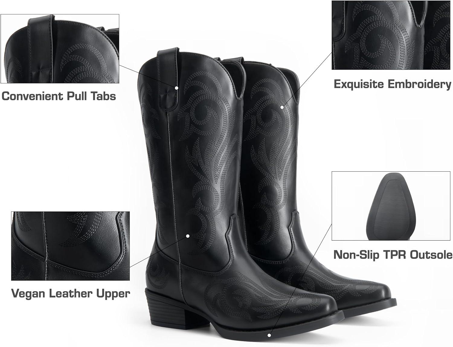 imageDREAM PAIRS Womens Cowboy Boots Mid Calf Cowgirl Boots Square Toe Chunky Heel Embroidery Stitched Western BootsAll Black