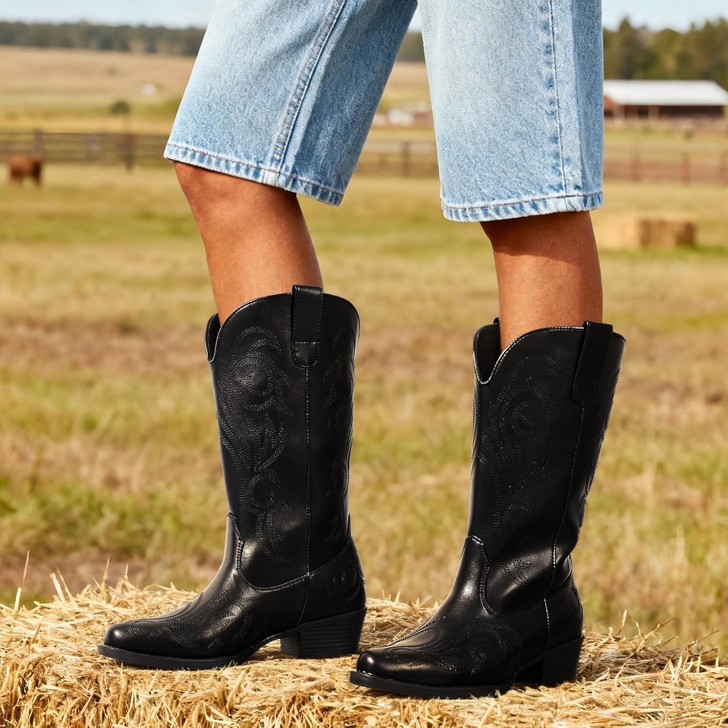 imageDREAM PAIRS Womens Cowboy Boots Mid Calf Cowgirl Boots Square Toe Chunky Heel Embroidery Stitched Western BootsAll Black