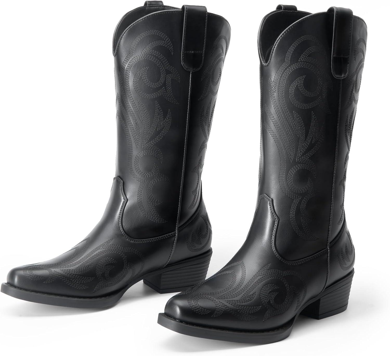 imageDREAM PAIRS Womens Cowboy Boots Mid Calf Cowgirl Boots Square Toe Chunky Heel Embroidery Stitched Western BootsAll Black