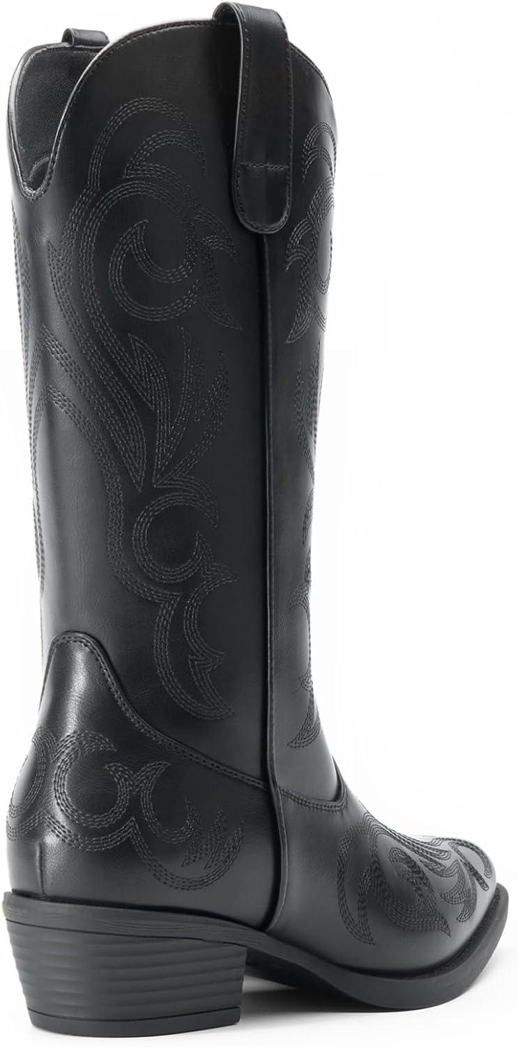imageDREAM PAIRS Womens Cowboy Boots Mid Calf Cowgirl Boots Square Toe Chunky Heel Embroidery Stitched Western BootsAll Black