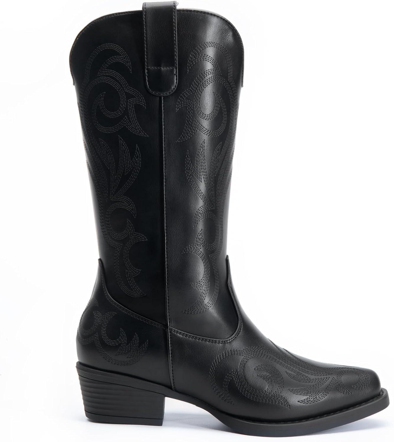 imageDREAM PAIRS Womens Cowboy Boots Mid Calf Cowgirl Boots Square Toe Chunky Heel Embroidery Stitched Western BootsAll Black