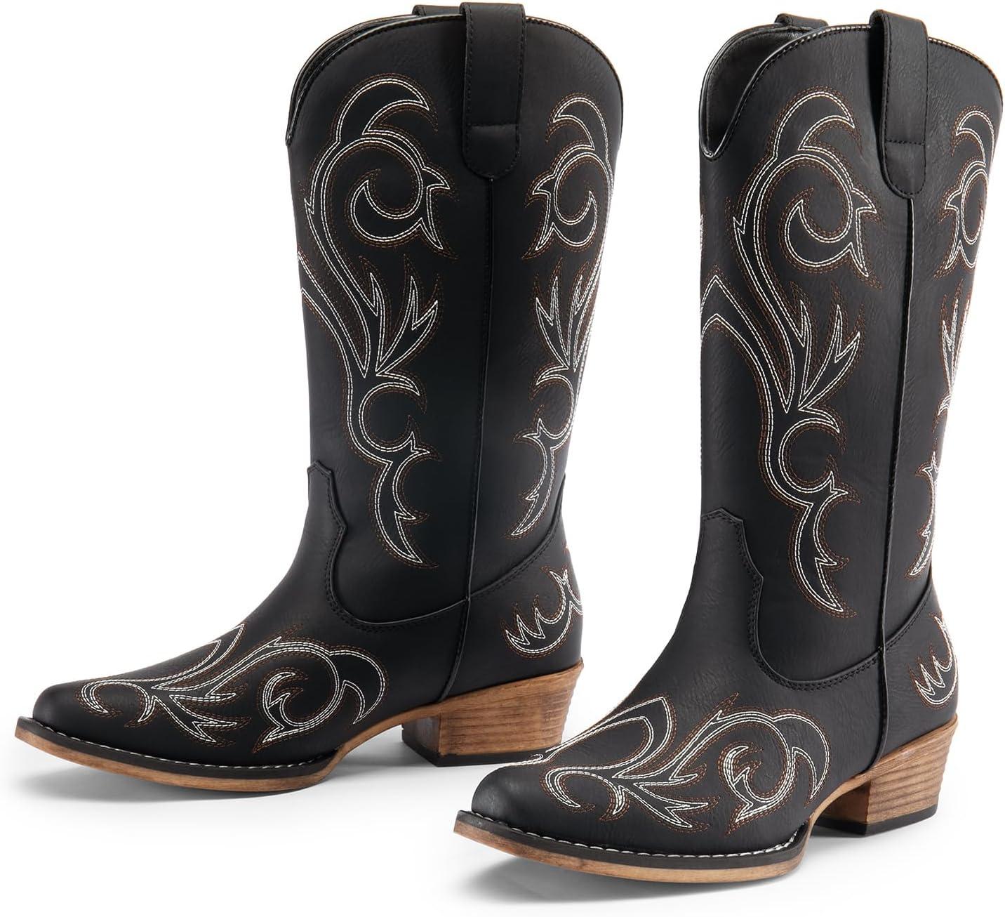 imageDREAM PAIRS Womens Cowboy Boots Mid Calf Cowgirl Boots Square Toe Chunky Heel Embroidery Stitched Western BootsBlack