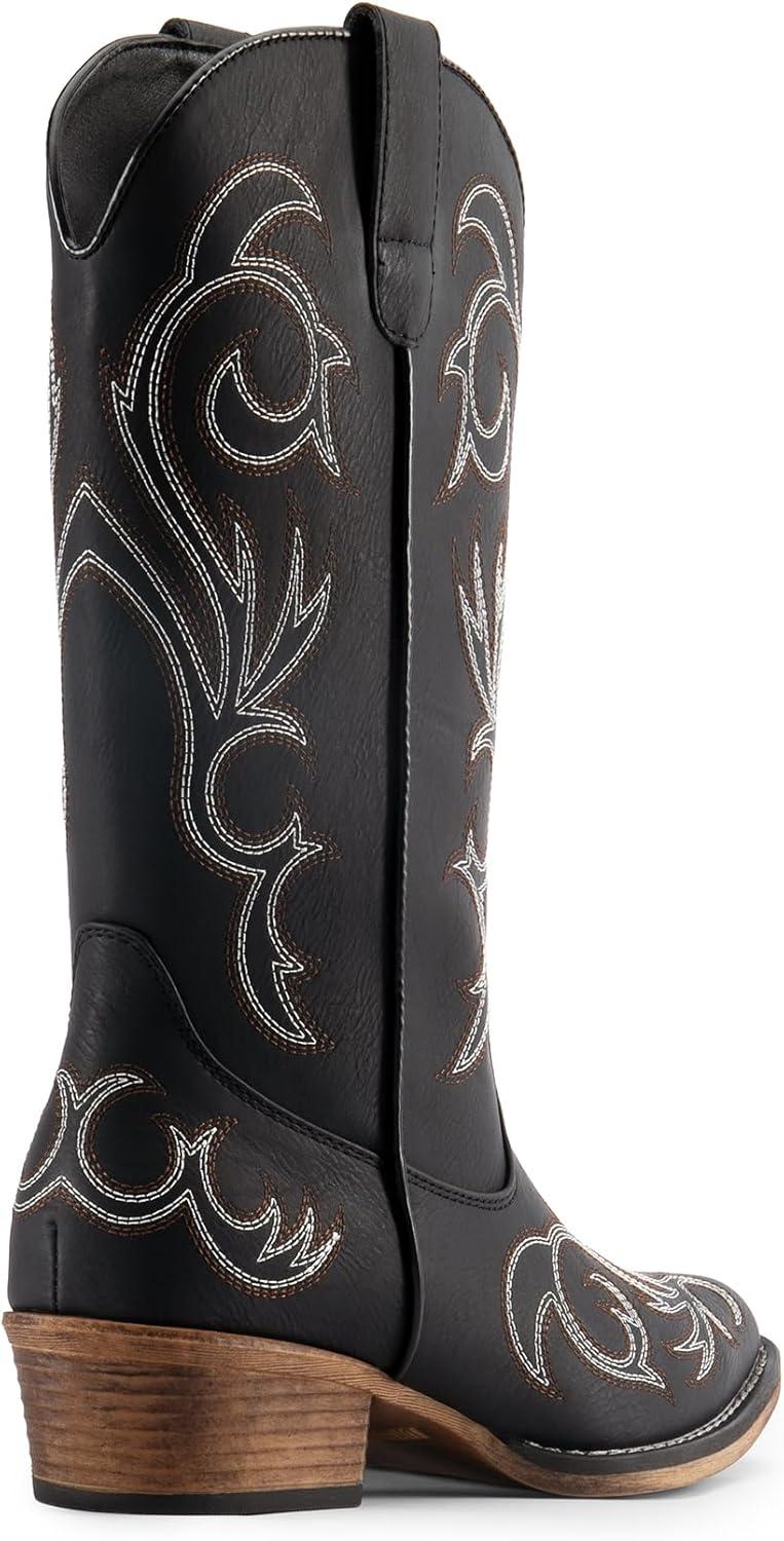 imageDREAM PAIRS Womens Cowboy Boots Mid Calf Cowgirl Boots Square Toe Chunky Heel Embroidery Stitched Western BootsBlack