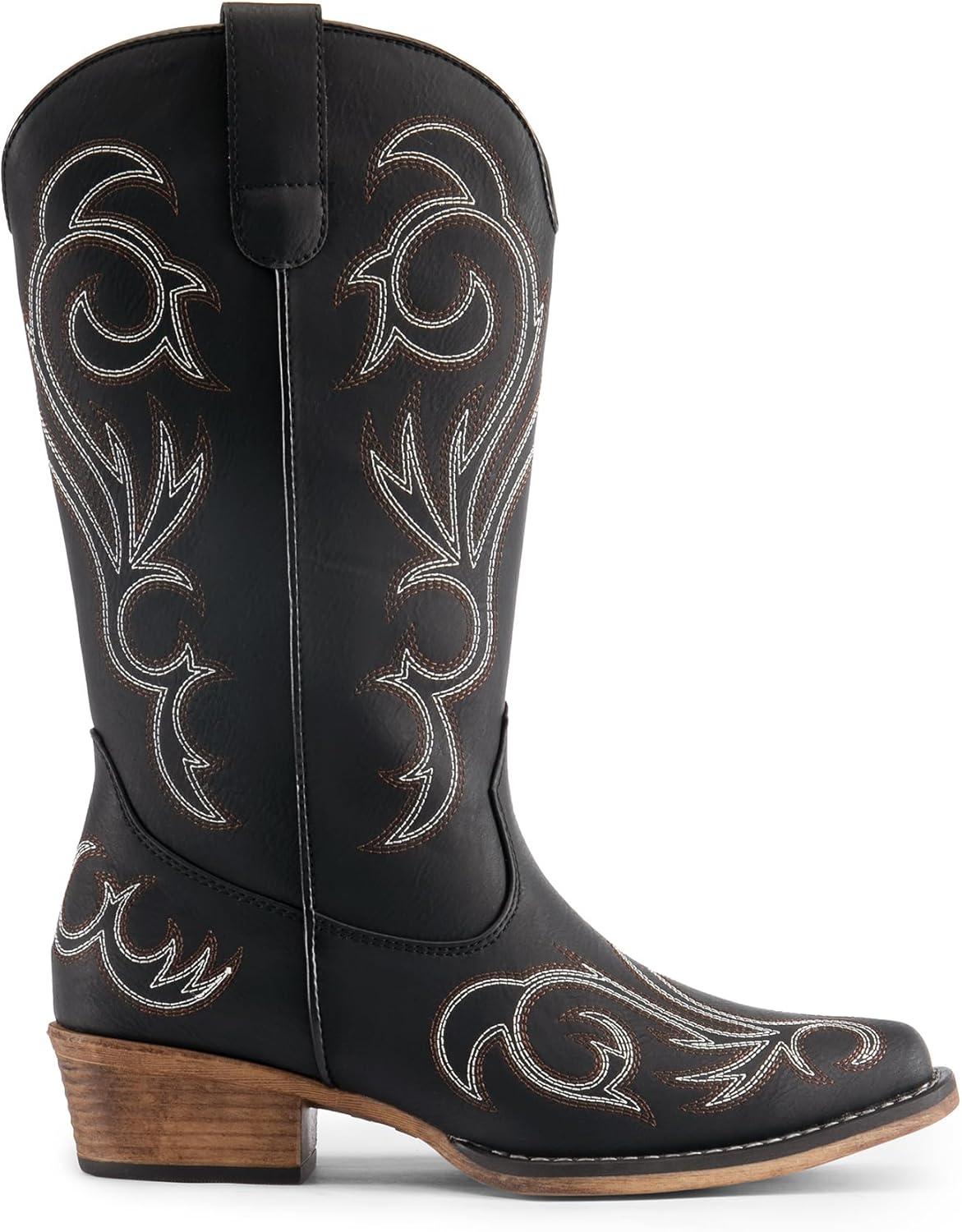 imageDREAM PAIRS Womens Cowboy Boots Mid Calf Cowgirl Boots Square Toe Chunky Heel Embroidery Stitched Western BootsBlack