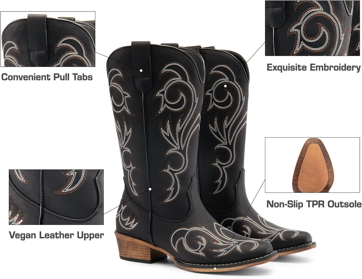 imageDREAM PAIRS Womens Cowboy Boots Mid Calf Cowgirl Boots Square Toe Chunky Heel Embroidery Stitched Western BootsBlack