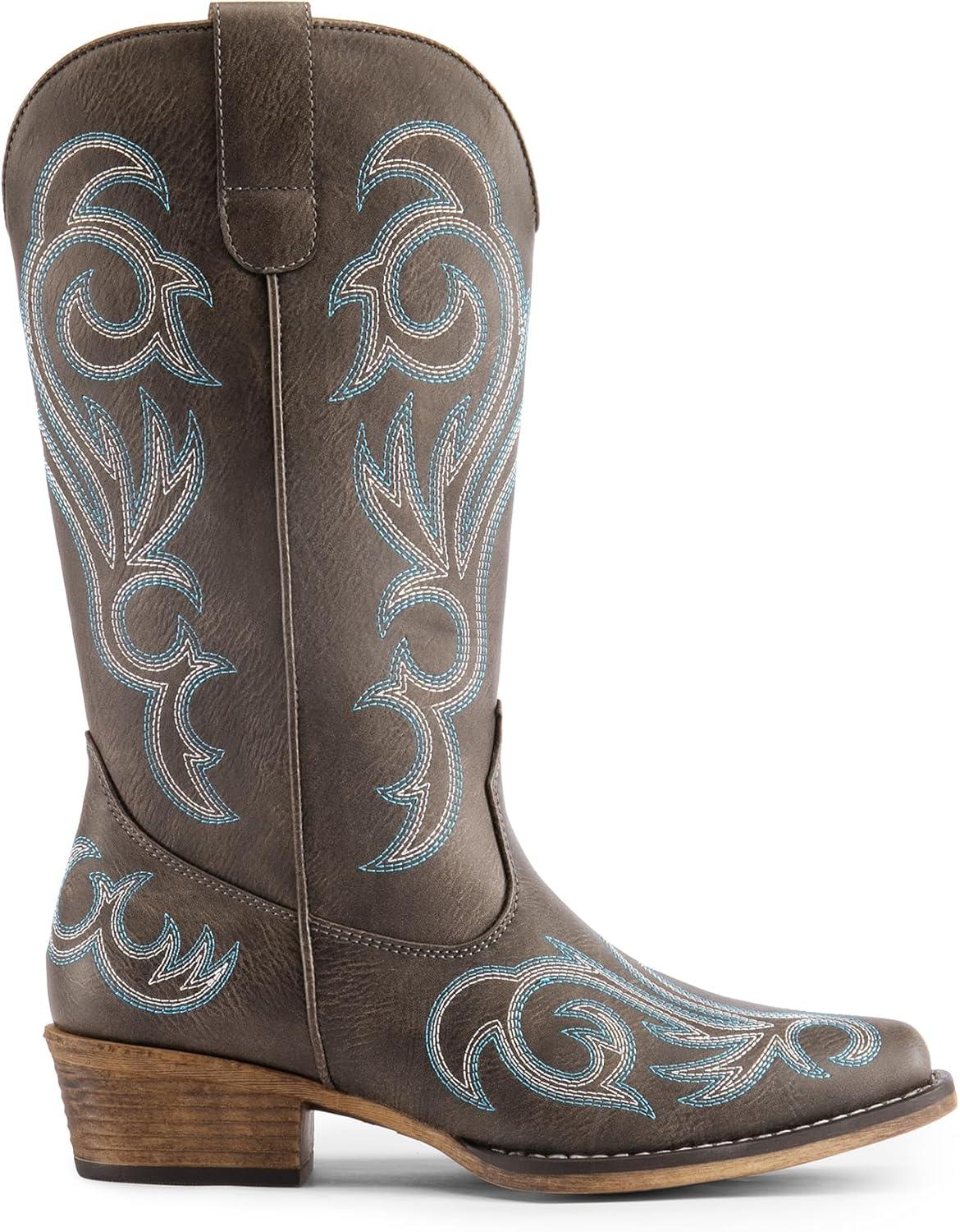 imageDREAM PAIRS Womens Cowboy Boots Mid Calf Cowgirl Boots Square Toe Chunky Heel Embroidery Stitched Western BootsBrown