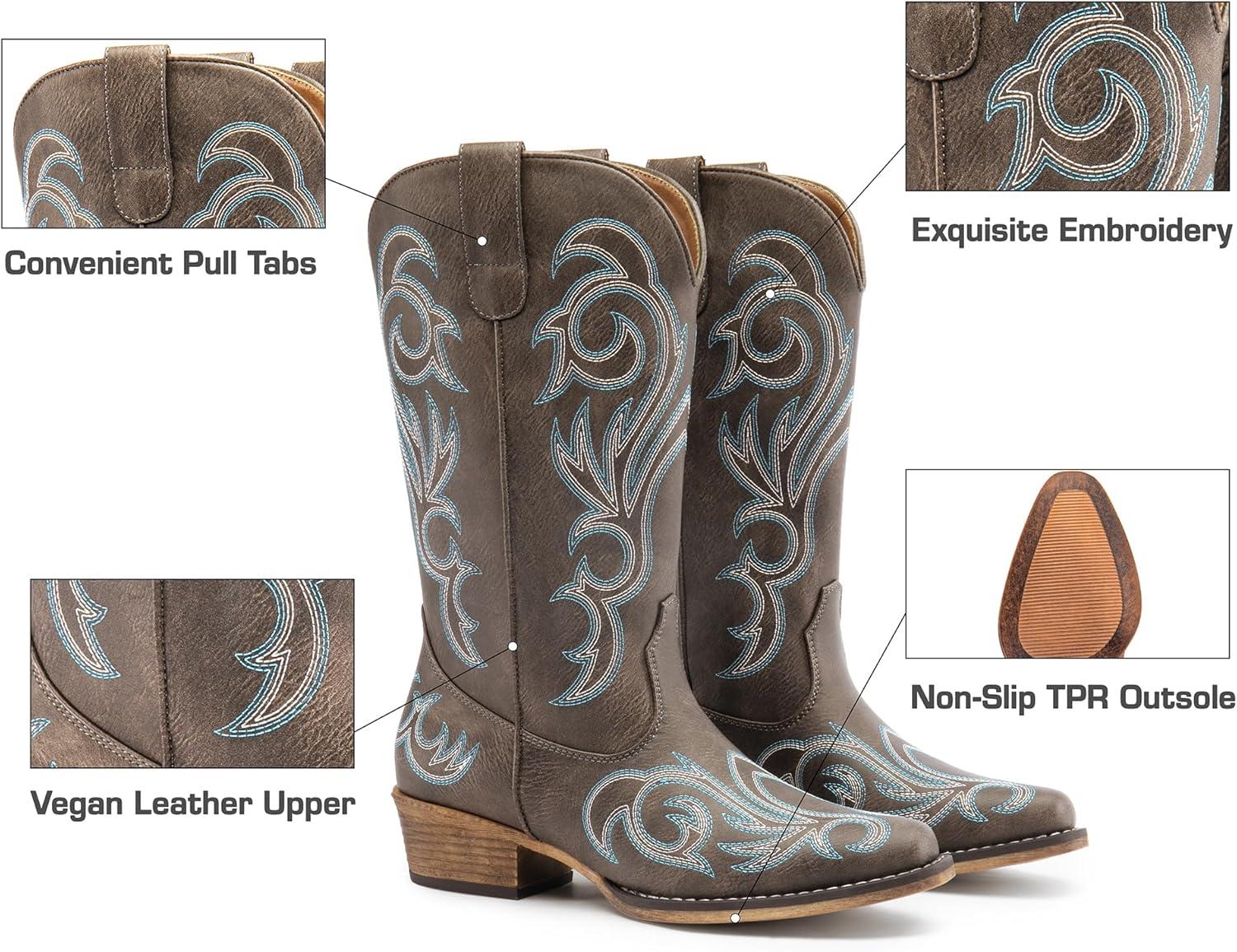 imageDREAM PAIRS Womens Cowboy Boots Mid Calf Cowgirl Boots Square Toe Chunky Heel Embroidery Stitched Western BootsBrown