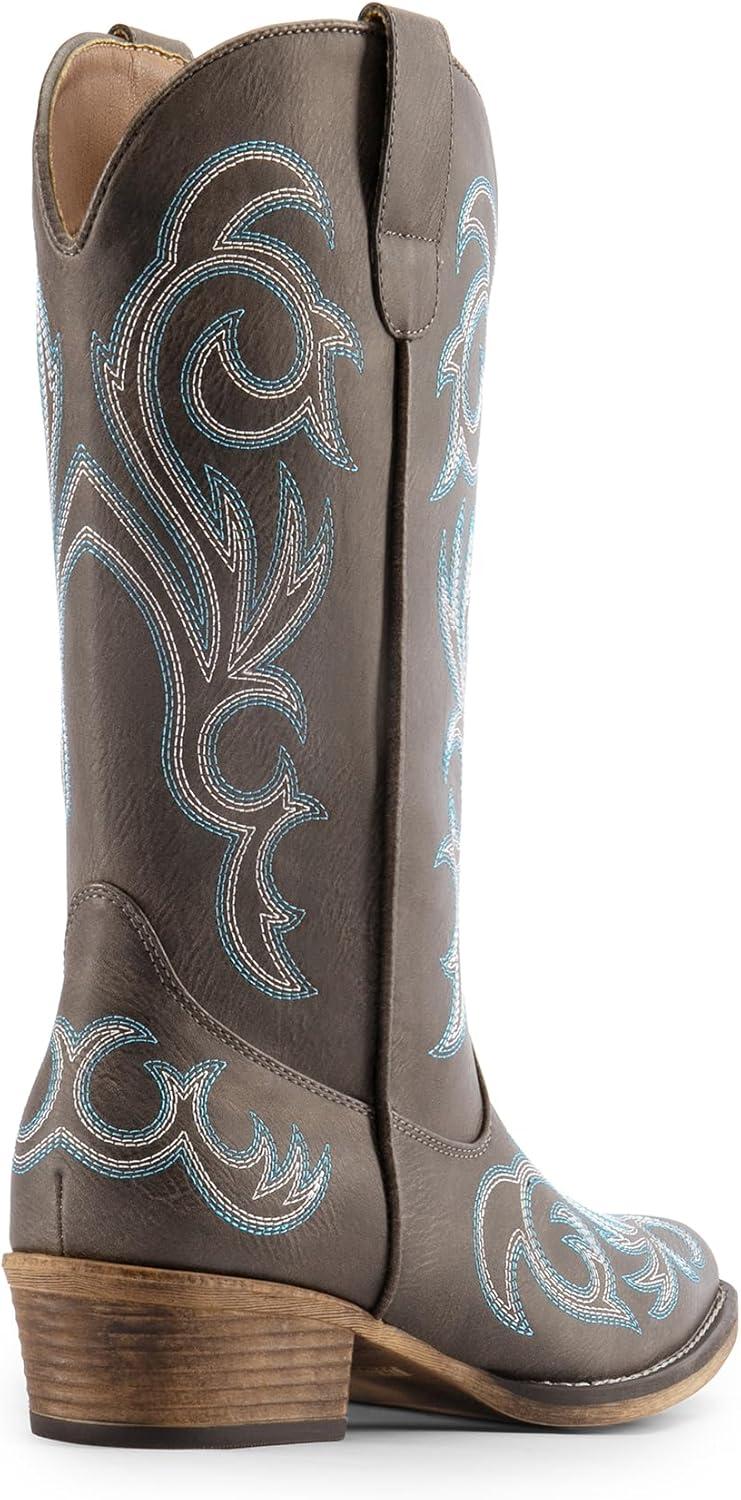 imageDREAM PAIRS Womens Cowboy Boots Mid Calf Cowgirl Boots Square Toe Chunky Heel Embroidery Stitched Western BootsBrown