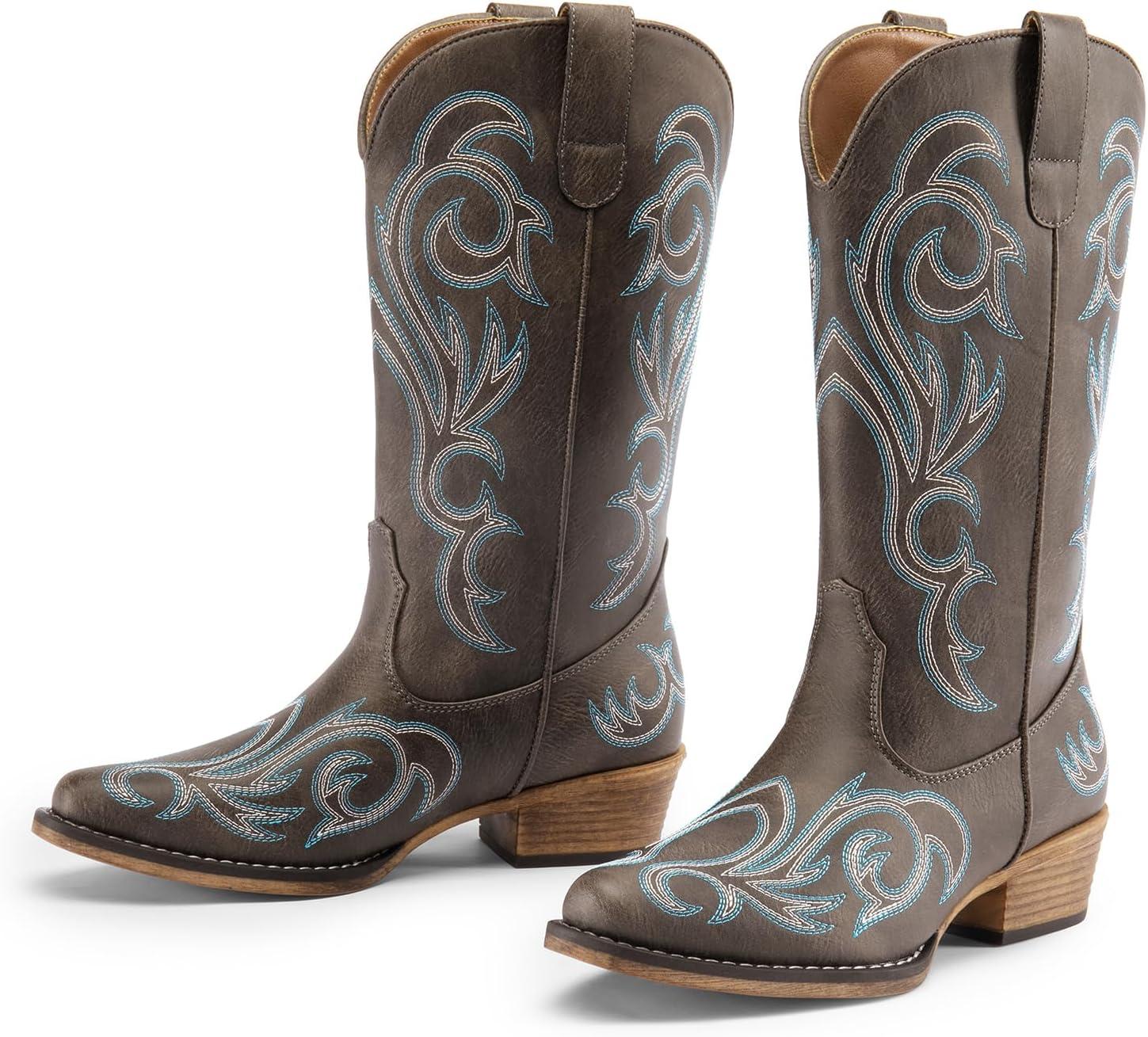 imageDREAM PAIRS Womens Cowboy Boots Mid Calf Cowgirl Boots Square Toe Chunky Heel Embroidery Stitched Western BootsBrown