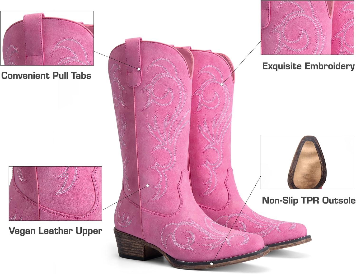 imageDREAM PAIRS Womens Cowboy Boots Mid Calf Cowgirl Boots Square Toe Chunky Heel Embroidery Stitched Western BootsPink