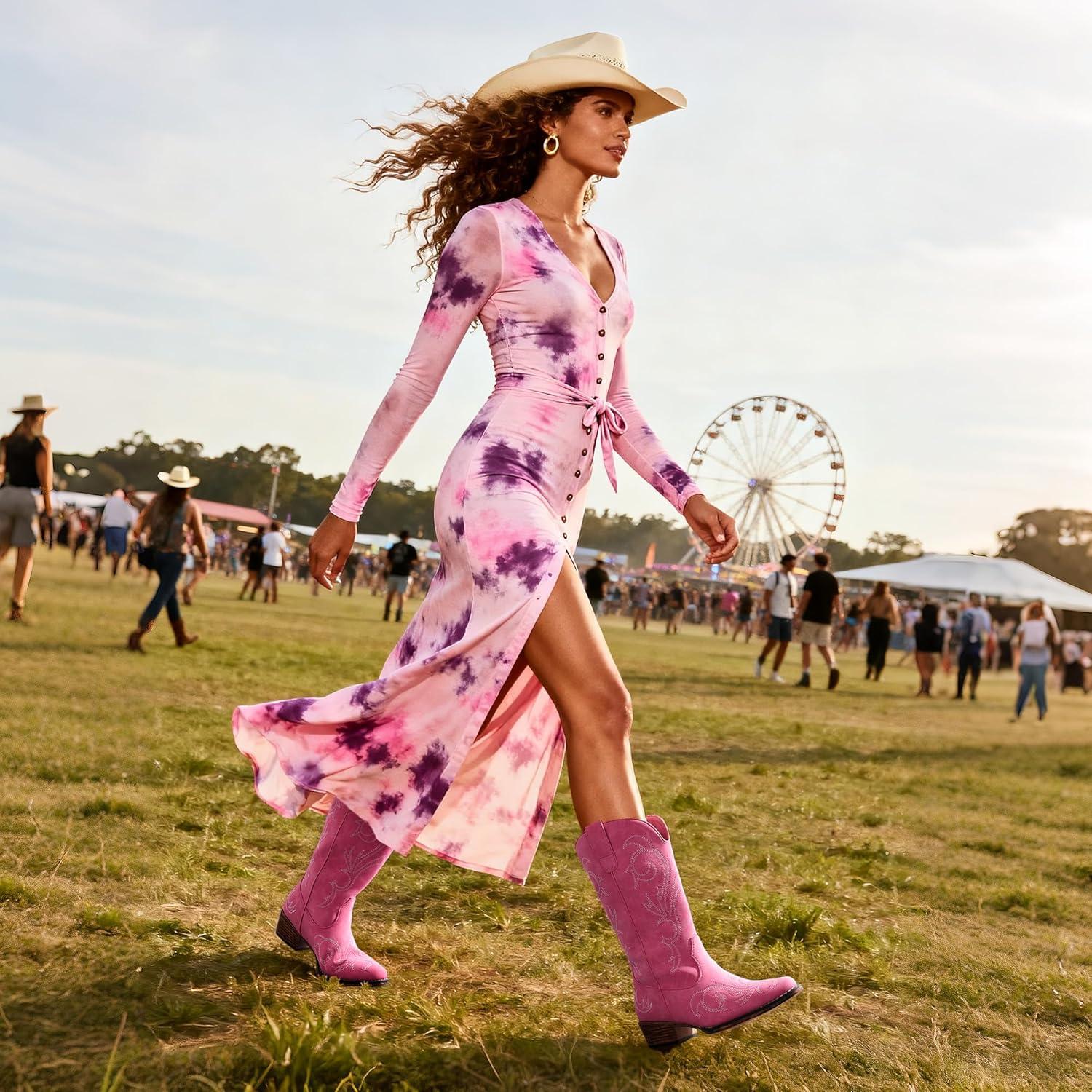 imageDREAM PAIRS Womens Cowboy Boots Mid Calf Cowgirl Boots Square Toe Chunky Heel Embroidery Stitched Western BootsPink