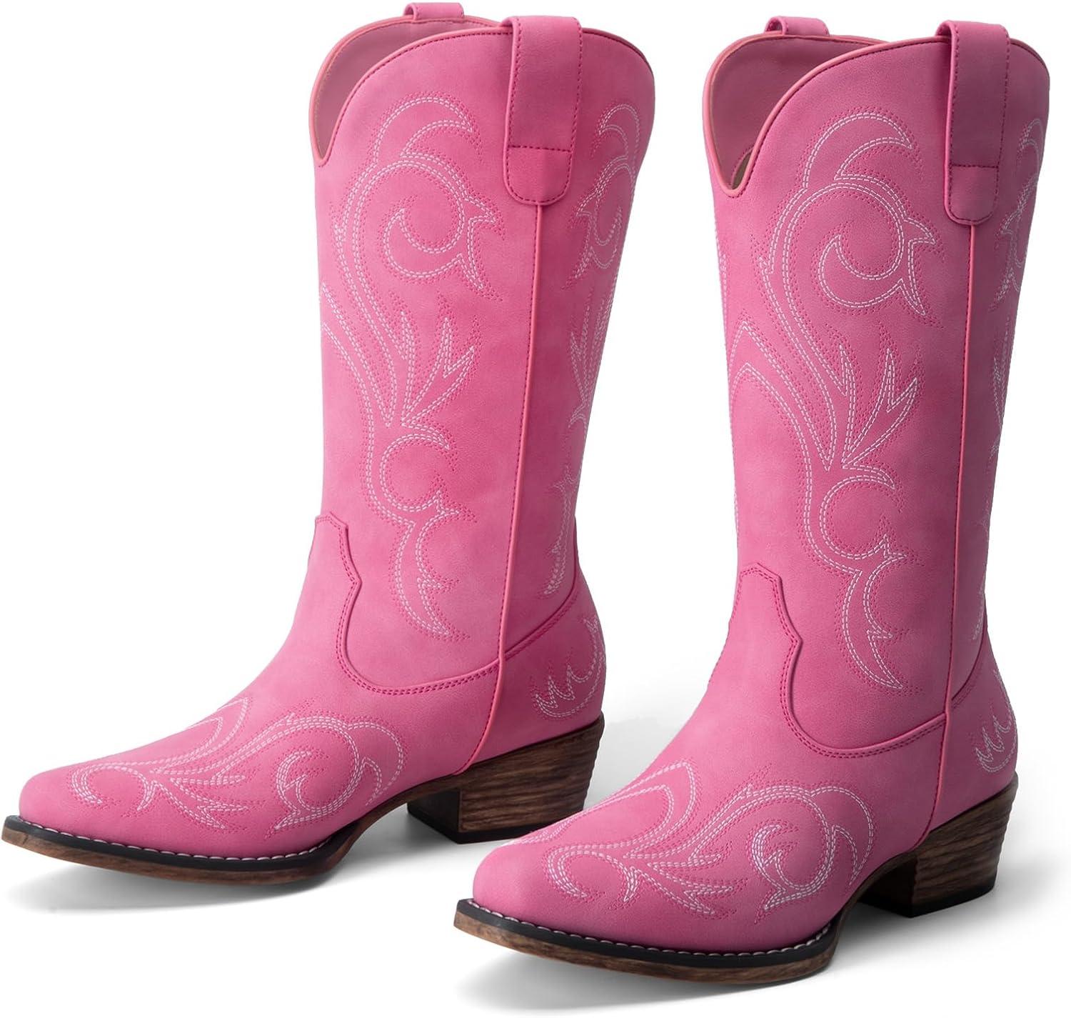 imageDREAM PAIRS Womens Cowboy Boots Mid Calf Cowgirl Boots Square Toe Chunky Heel Embroidery Stitched Western BootsPink