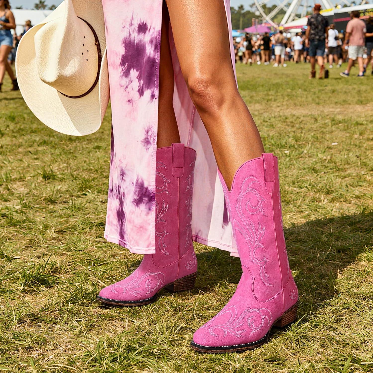 imageDREAM PAIRS Womens Cowboy Boots Mid Calf Cowgirl Boots Square Toe Chunky Heel Embroidery Stitched Western BootsPink