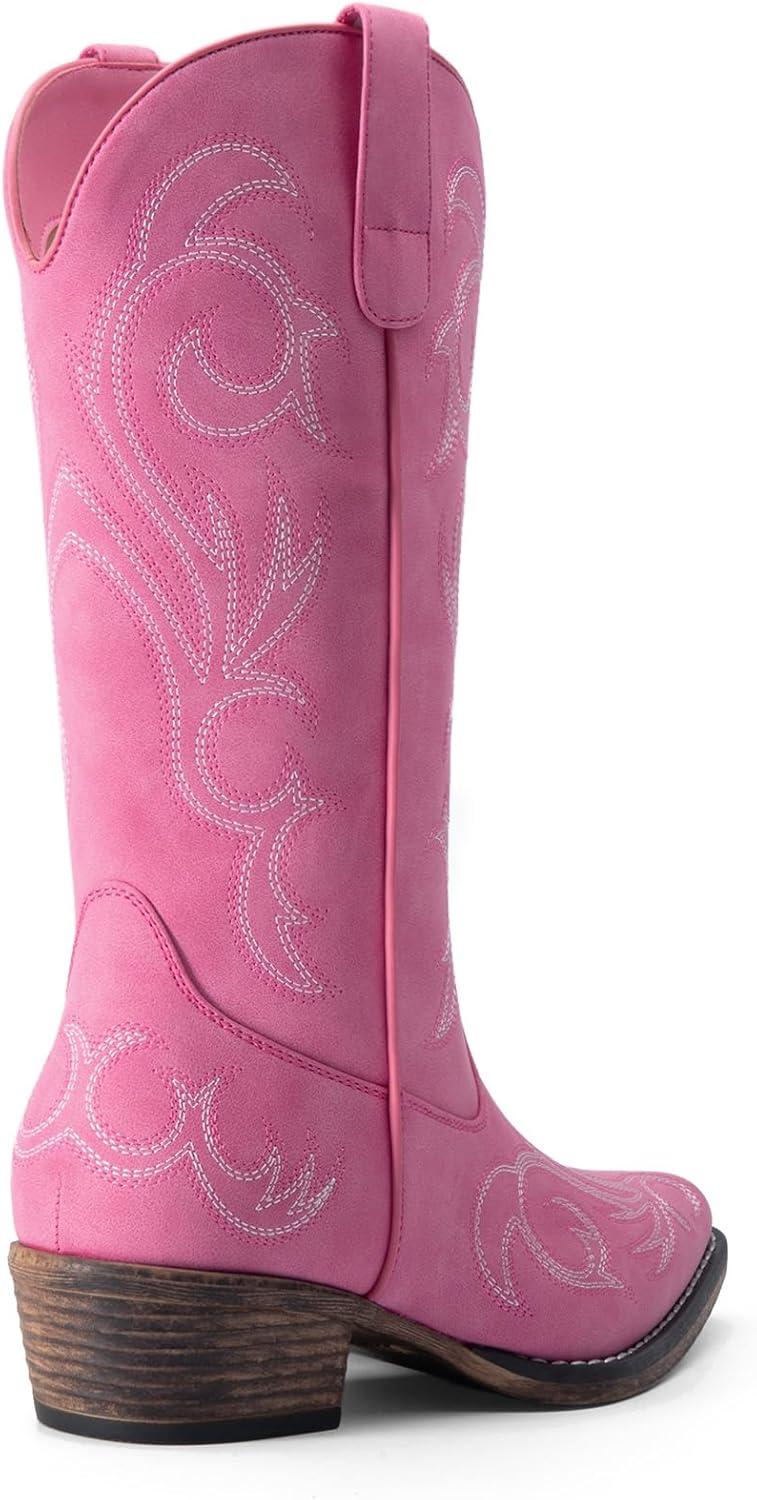 imageDREAM PAIRS Womens Cowboy Boots Mid Calf Cowgirl Boots Square Toe Chunky Heel Embroidery Stitched Western BootsPink