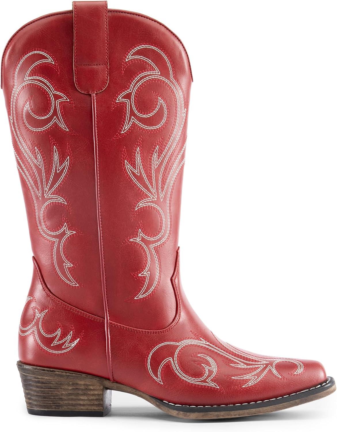 imageDREAM PAIRS Womens Cowboy Boots Mid Calf Cowgirl Boots Square Toe Chunky Heel Embroidery Stitched Western BootsRed