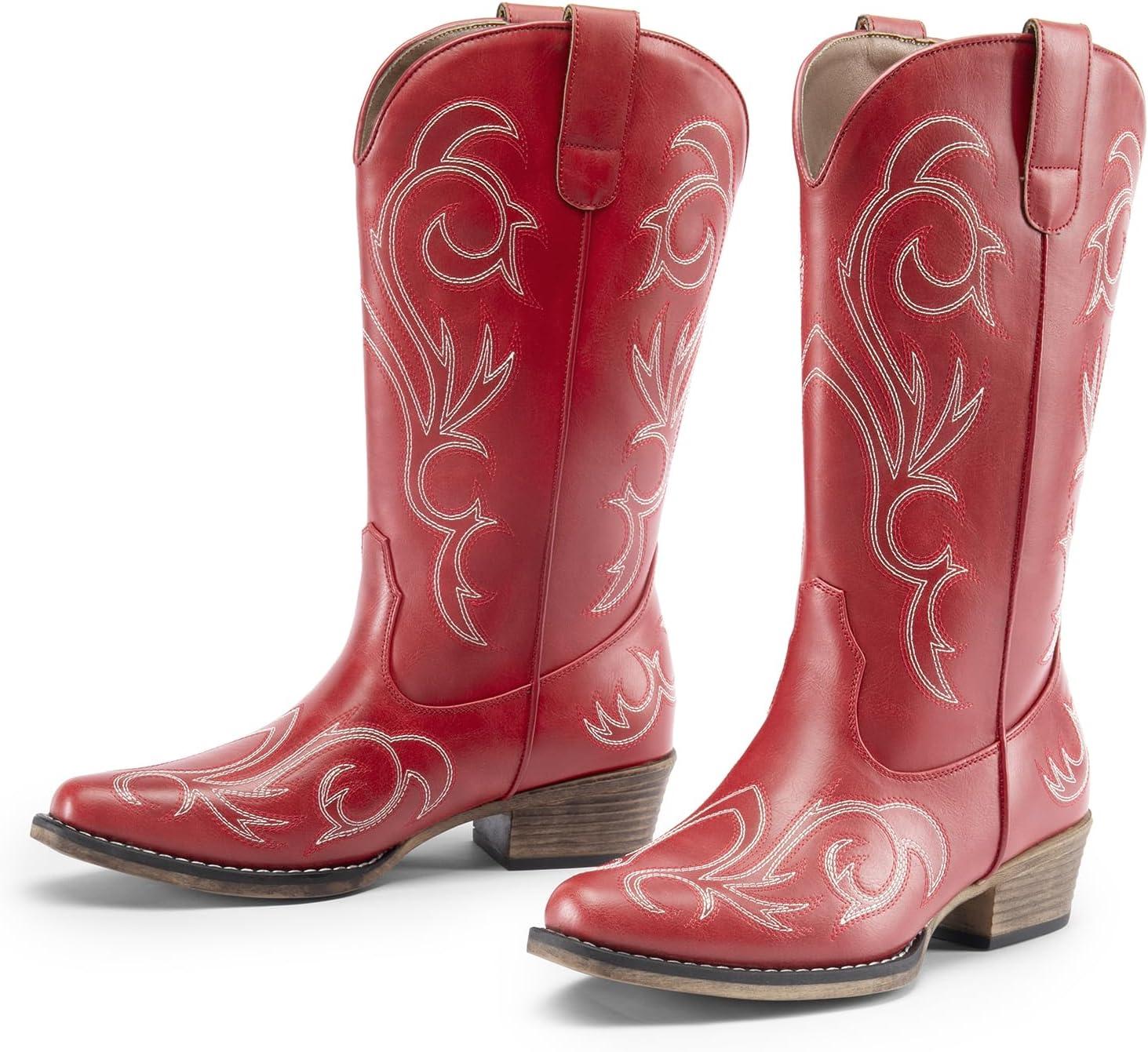 imageDREAM PAIRS Womens Cowboy Boots Mid Calf Cowgirl Boots Square Toe Chunky Heel Embroidery Stitched Western BootsRed