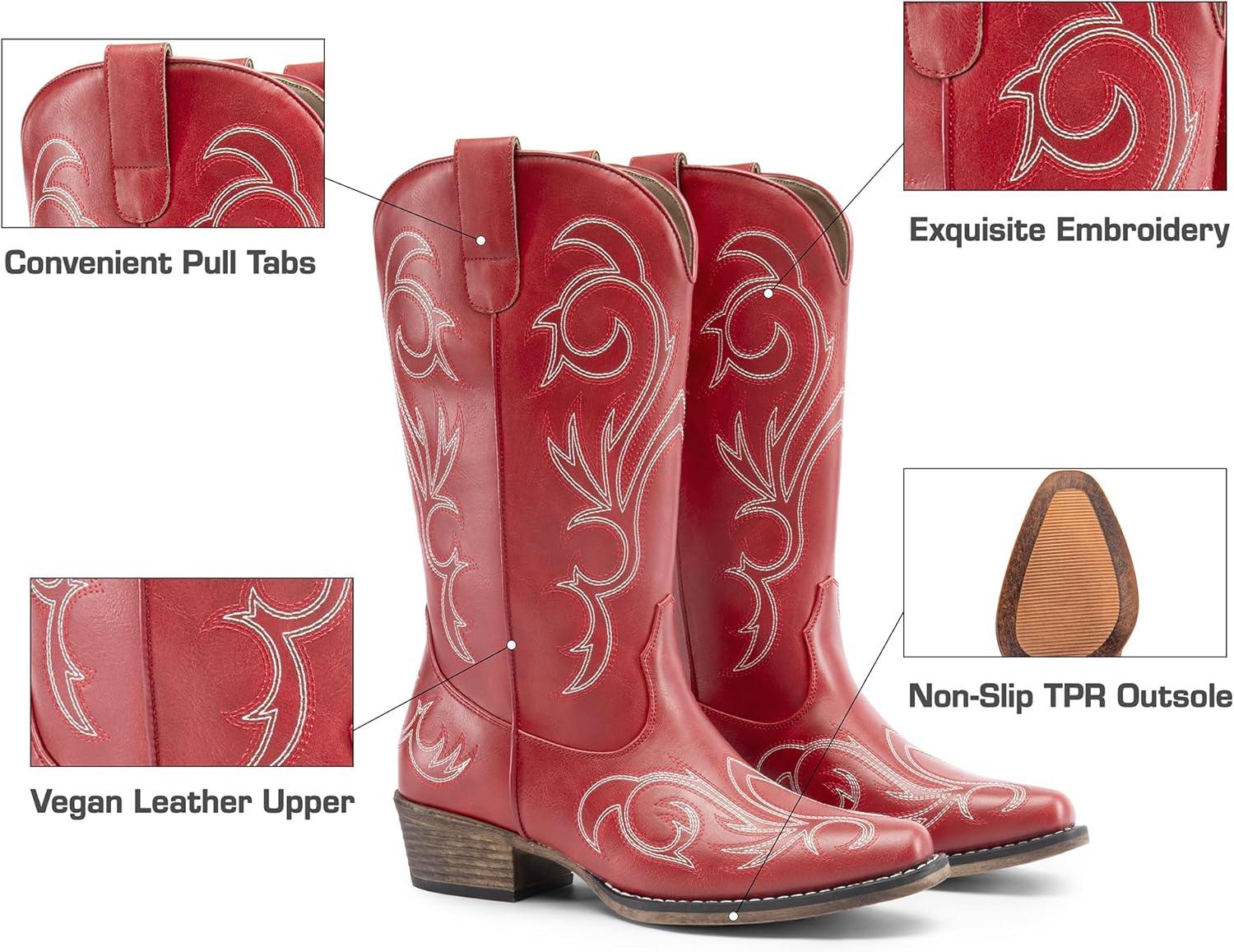 imageDREAM PAIRS Womens Cowboy Boots Mid Calf Cowgirl Boots Square Toe Chunky Heel Embroidery Stitched Western BootsRed