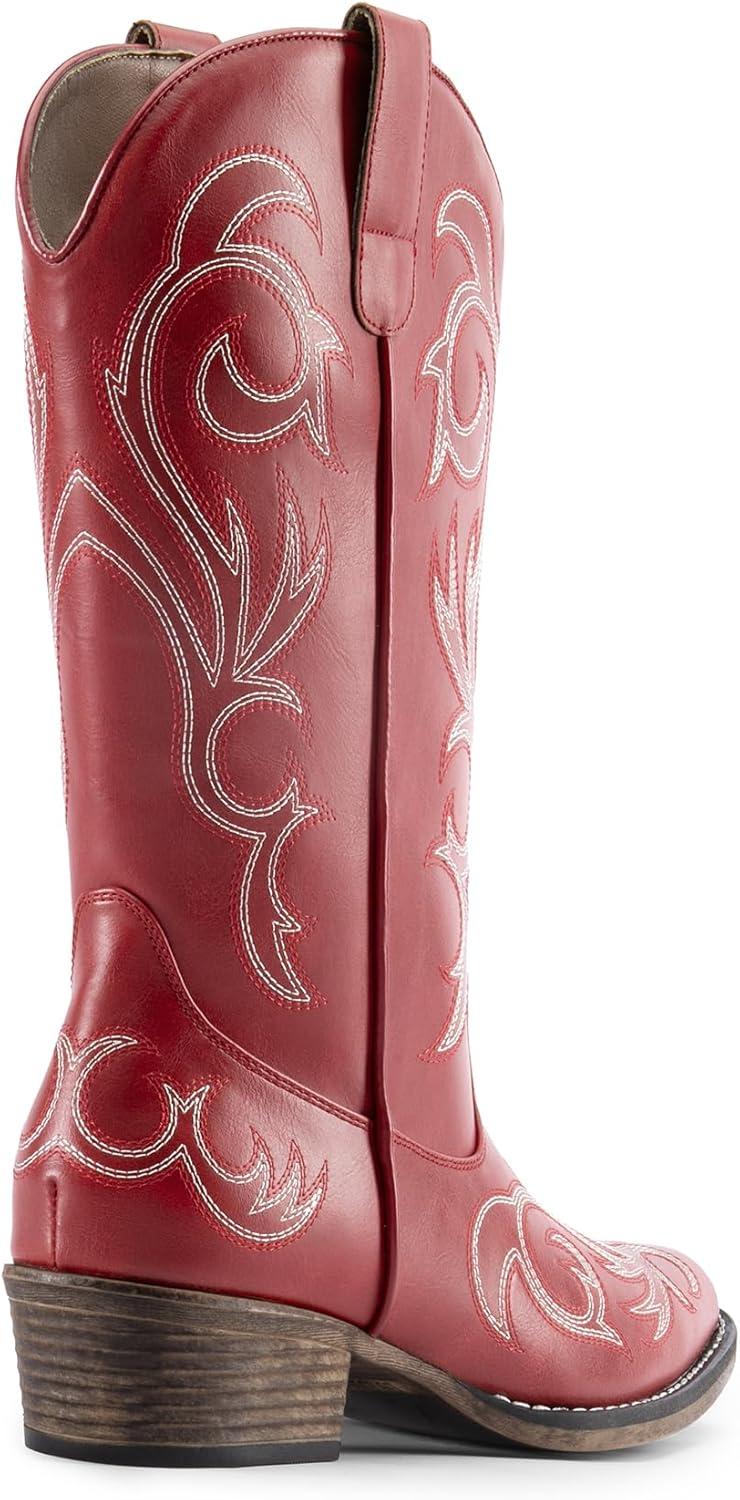 imageDREAM PAIRS Womens Cowboy Boots Mid Calf Cowgirl Boots Square Toe Chunky Heel Embroidery Stitched Western BootsRed