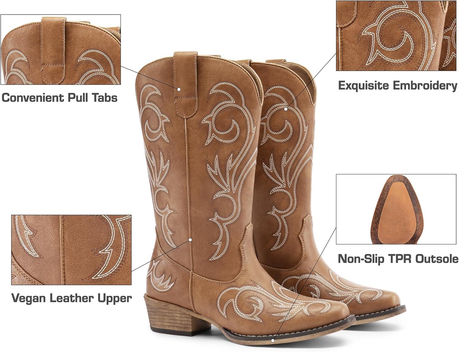imageDREAM PAIRS Womens Cowboy Boots Mid Calf Cowgirl Boots Square Toe Chunky Heel Embroidery Stitched Western BootsTan