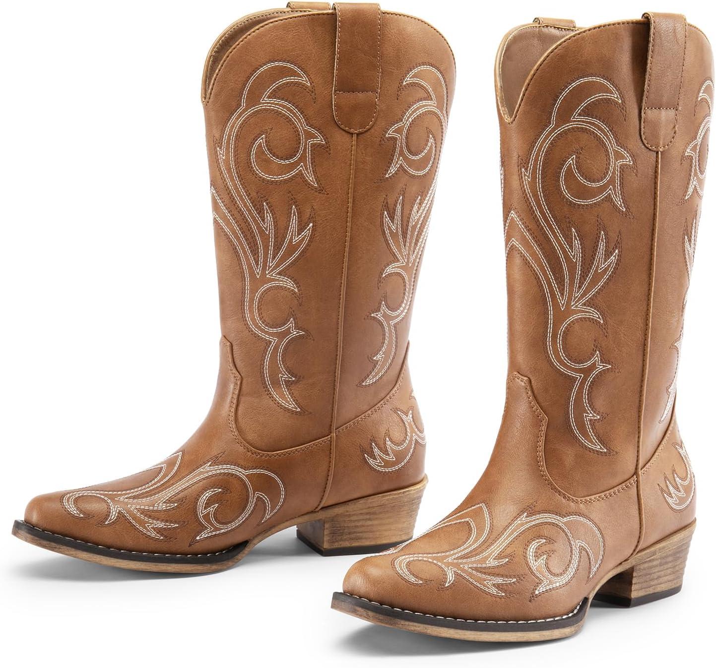 imageDREAM PAIRS Womens Cowboy Boots Mid Calf Cowgirl Boots Square Toe Chunky Heel Embroidery Stitched Western BootsTan