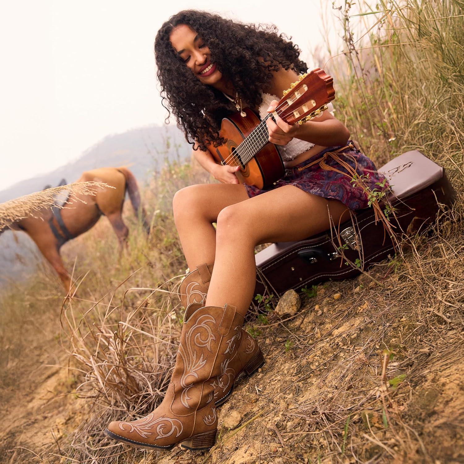 imageDREAM PAIRS Womens Cowboy Boots Mid Calf Cowgirl Boots Square Toe Chunky Heel Embroidery Stitched Western BootsTan