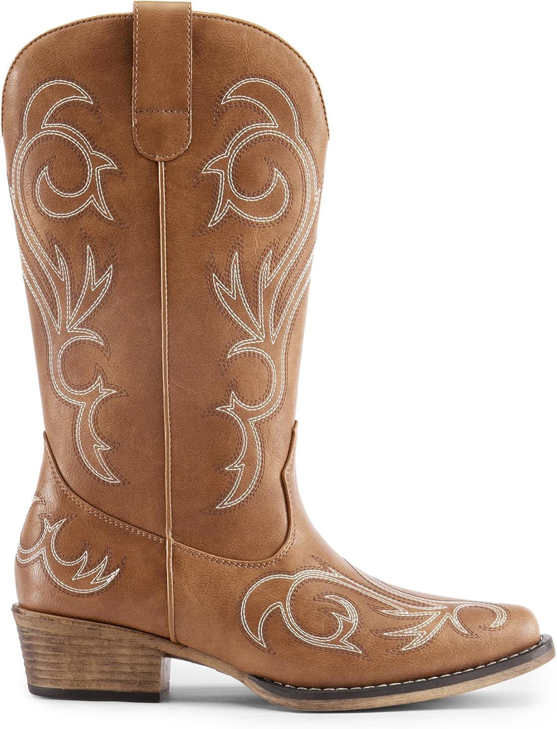 imageDREAM PAIRS Womens Cowboy Boots Mid Calf Cowgirl Boots Square Toe Chunky Heel Embroidery Stitched Western BootsTan
