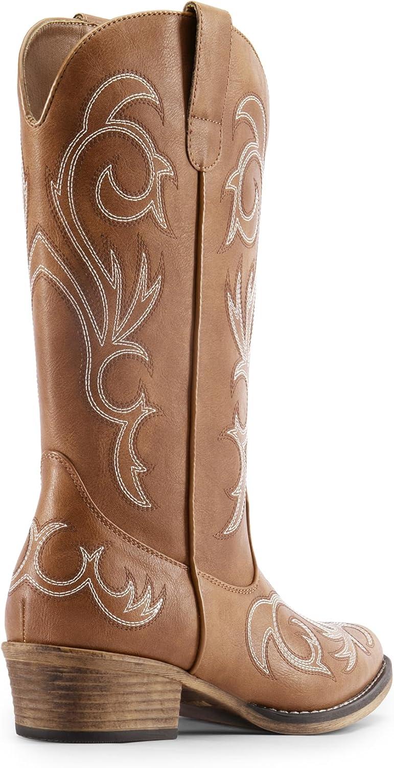imageDREAM PAIRS Womens Cowboy Boots Mid Calf Cowgirl Boots Square Toe Chunky Heel Embroidery Stitched Western BootsTan