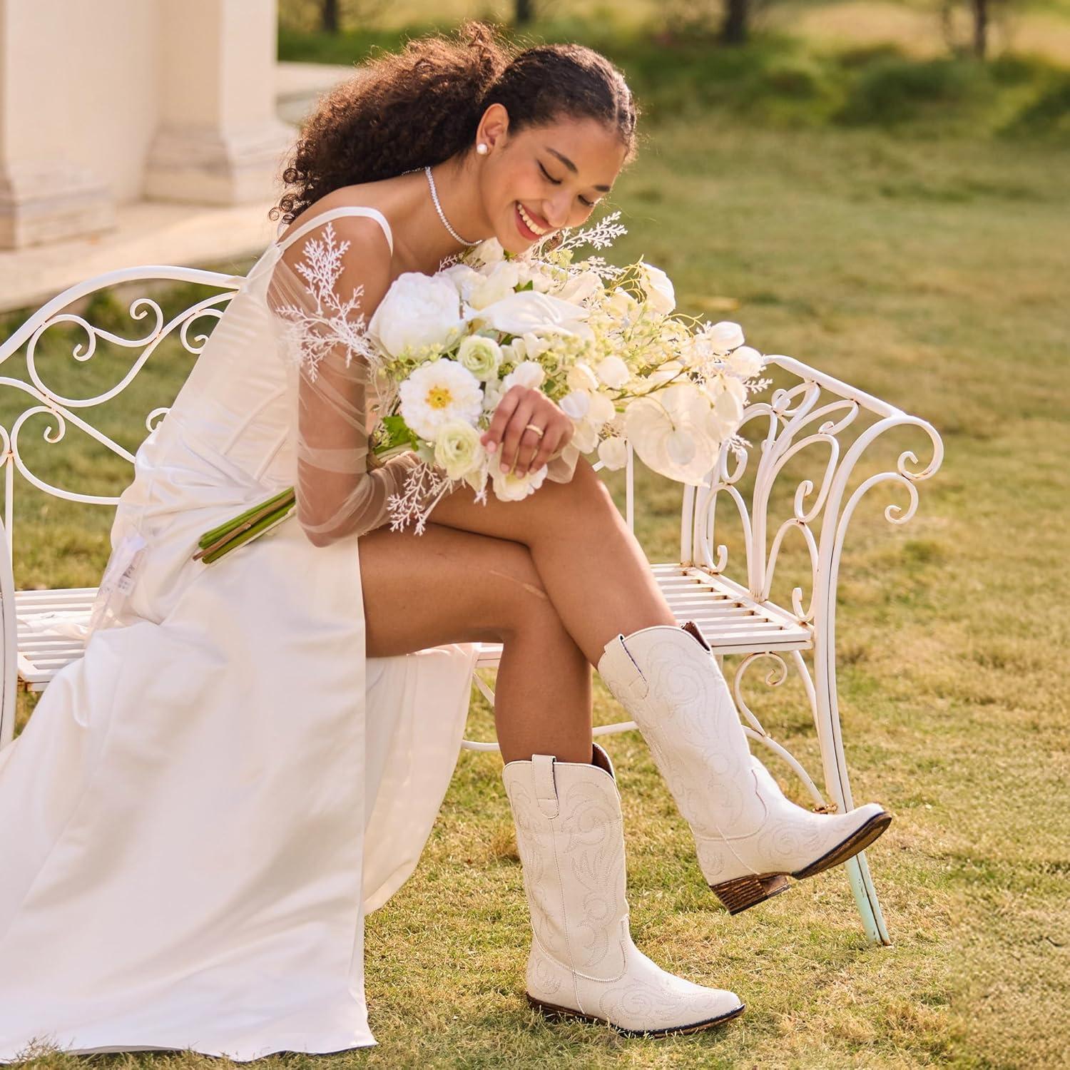 imageDREAM PAIRS Womens Cowboy Boots Mid Calf Cowgirl Boots Square Toe Chunky Heel Embroidery Stitched Western BootsWhite