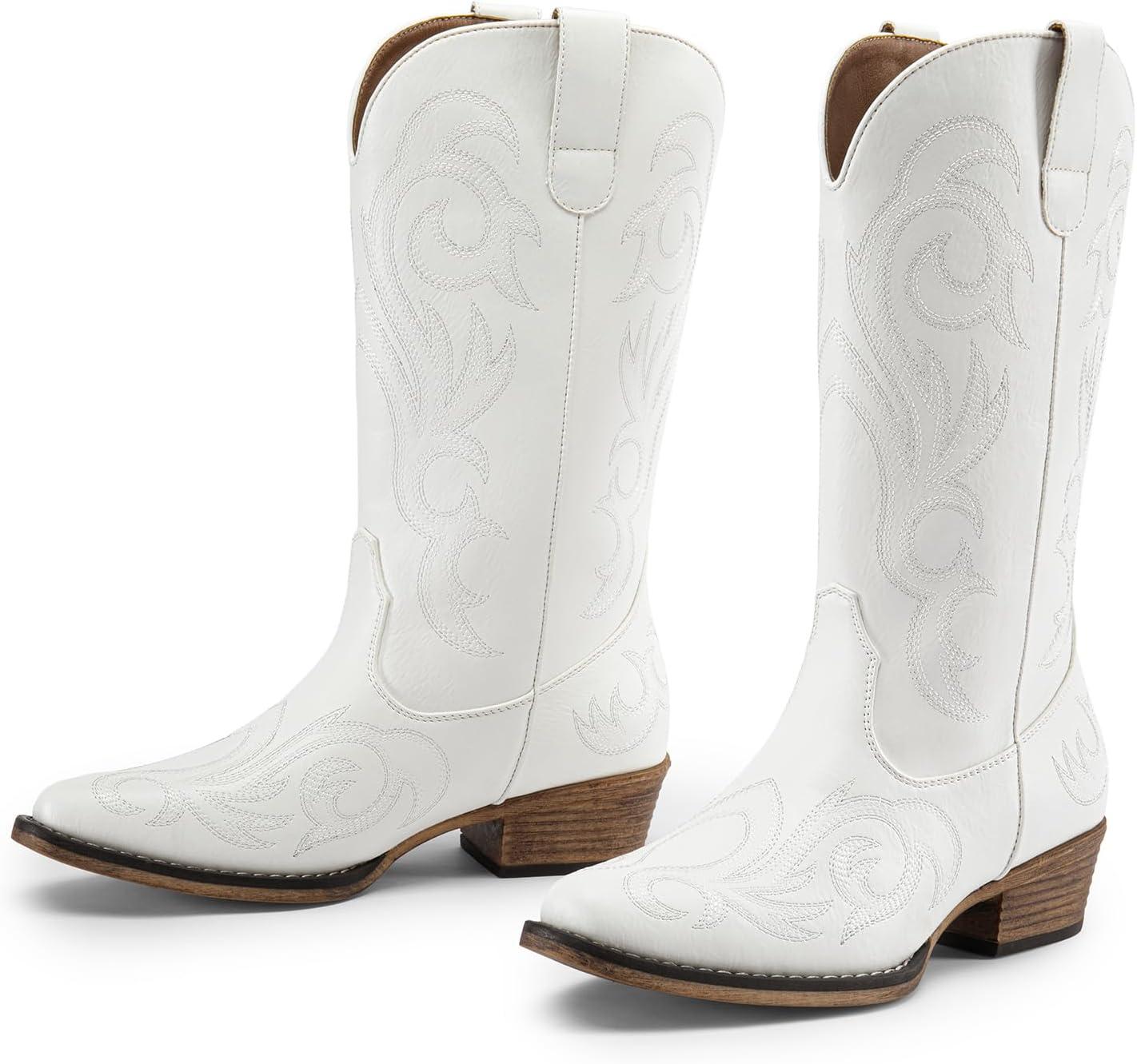 imageDREAM PAIRS Womens Cowboy Boots Mid Calf Cowgirl Boots Square Toe Chunky Heel Embroidery Stitched Western BootsWhite