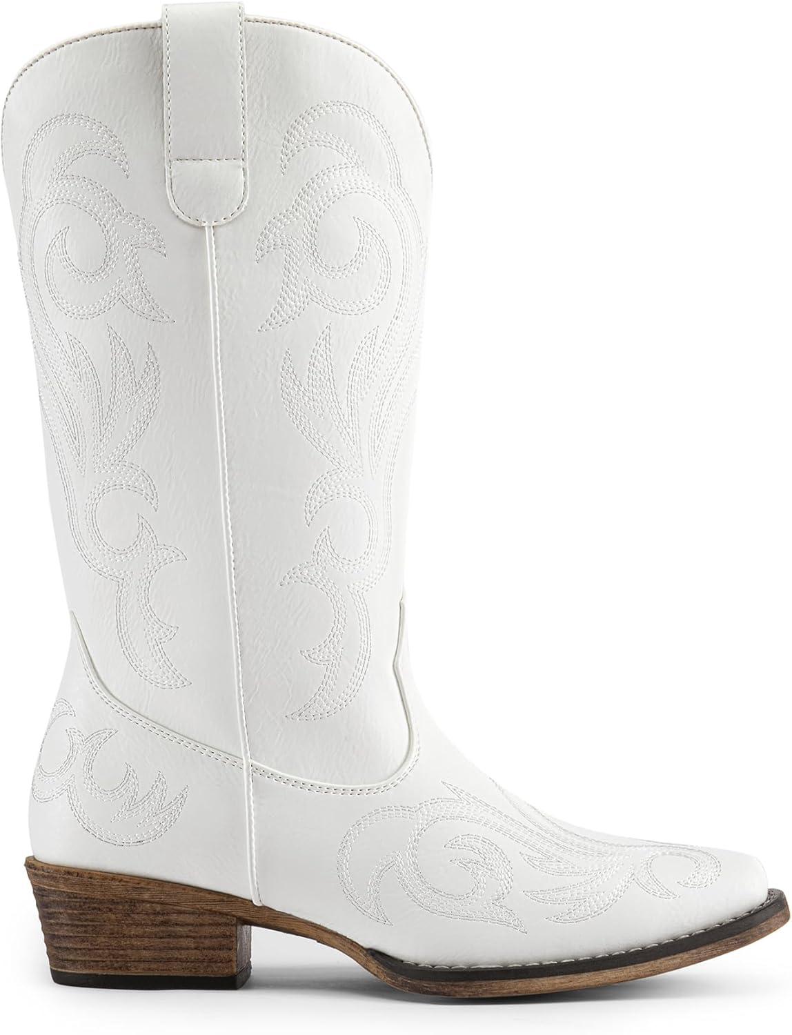 imageDREAM PAIRS Womens Cowboy Boots Mid Calf Cowgirl Boots Square Toe Chunky Heel Embroidery Stitched Western BootsWhite