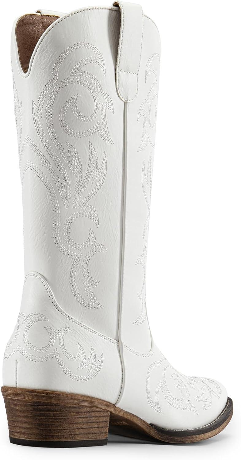 imageDREAM PAIRS Womens Cowboy Boots Mid Calf Cowgirl Boots Square Toe Chunky Heel Embroidery Stitched Western BootsWhite