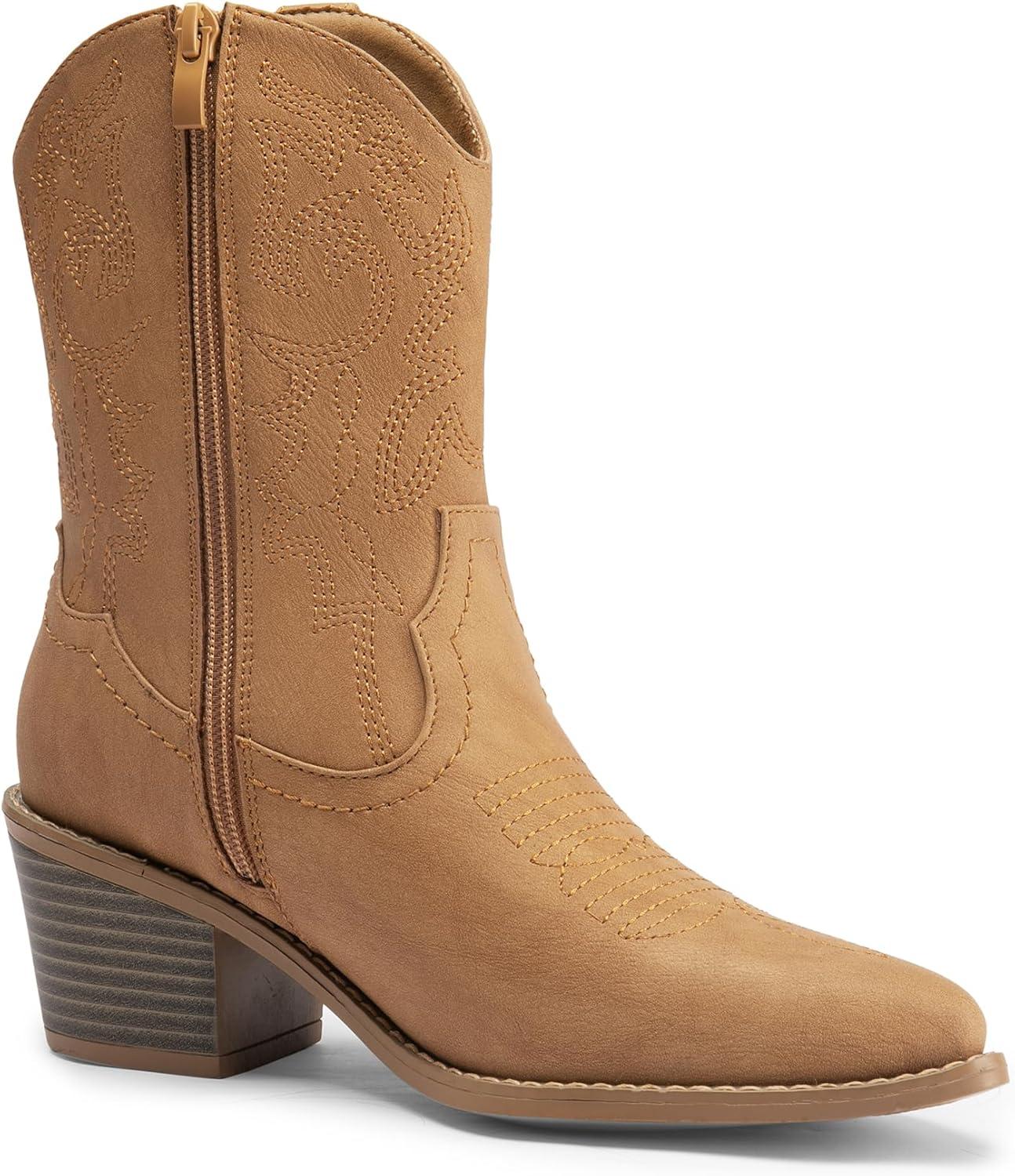 imageDREAM PAIRS Womens Cowboy Boots Pointed Toe Chunky Heel Zipper PullOn Stitched Western Ankle BootsKhakipu