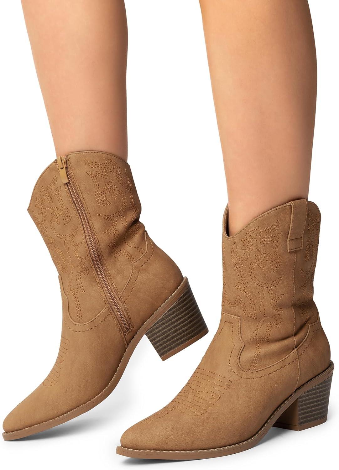 imageDREAM PAIRS Womens Cowboy Boots Pointed Toe Chunky Heel Zipper PullOn Stitched Western Ankle BootsKhakipu