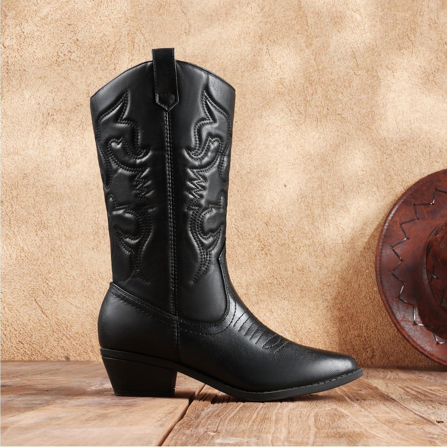 imageDREAM PAIRS Womens Cowboy Boots Pull On Cowgirl Boots Mid Calf Western Boots Available in Regular and Wide CalfBlack