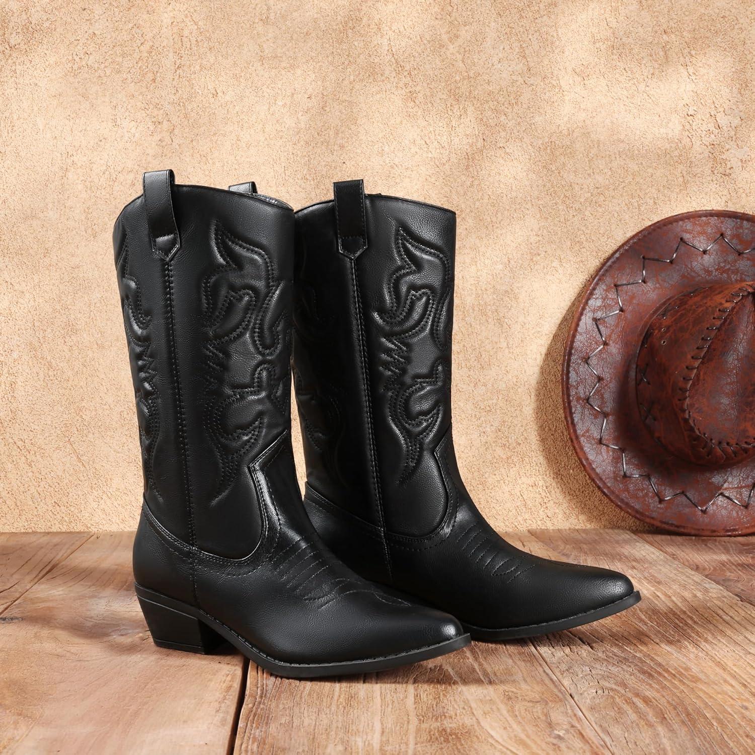 imageDREAM PAIRS Womens Cowboy Boots Pull On Cowgirl Boots Mid Calf Western Boots Available in Regular and Wide CalfBlack