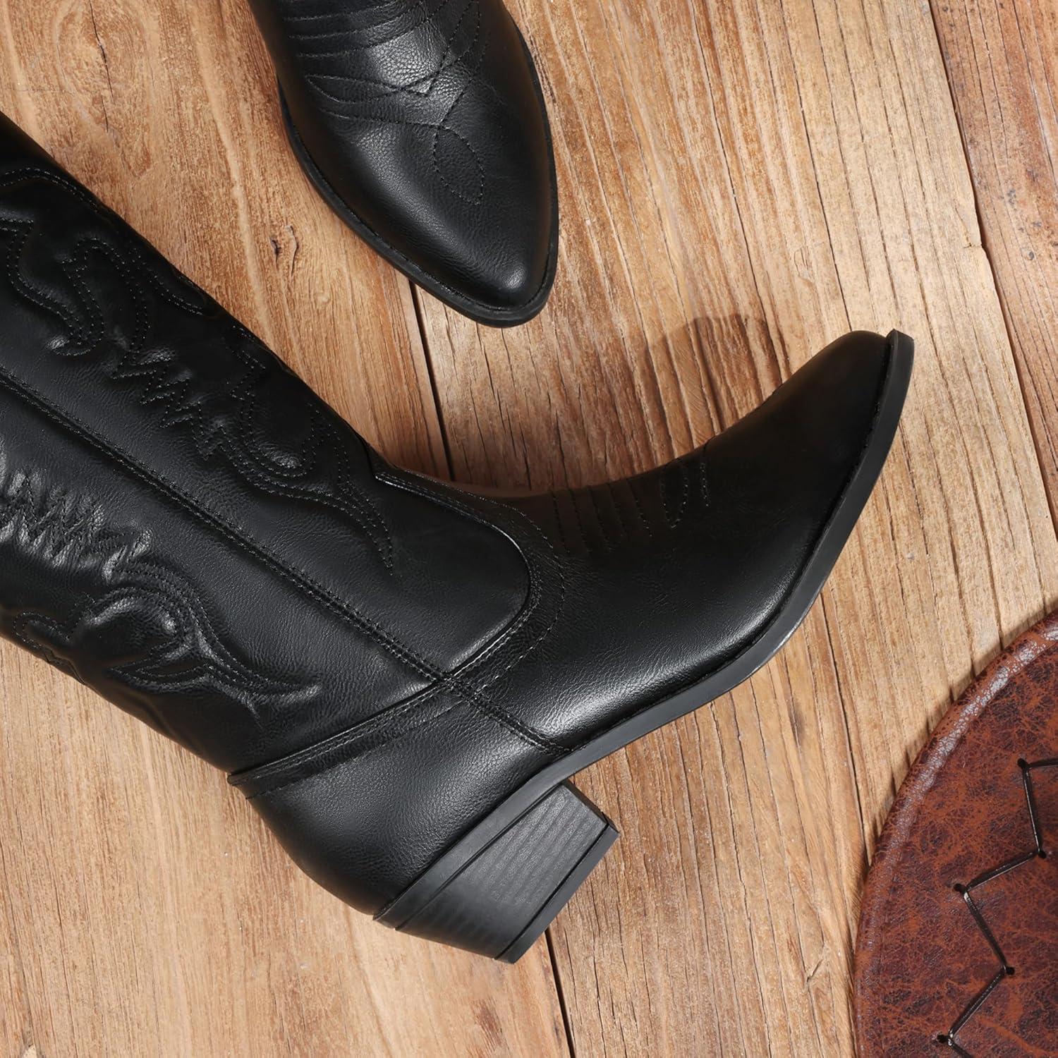 imageDREAM PAIRS Womens Cowboy Boots Pull On Cowgirl Boots Mid Calf Western Boots Available in Regular and Wide CalfBlack