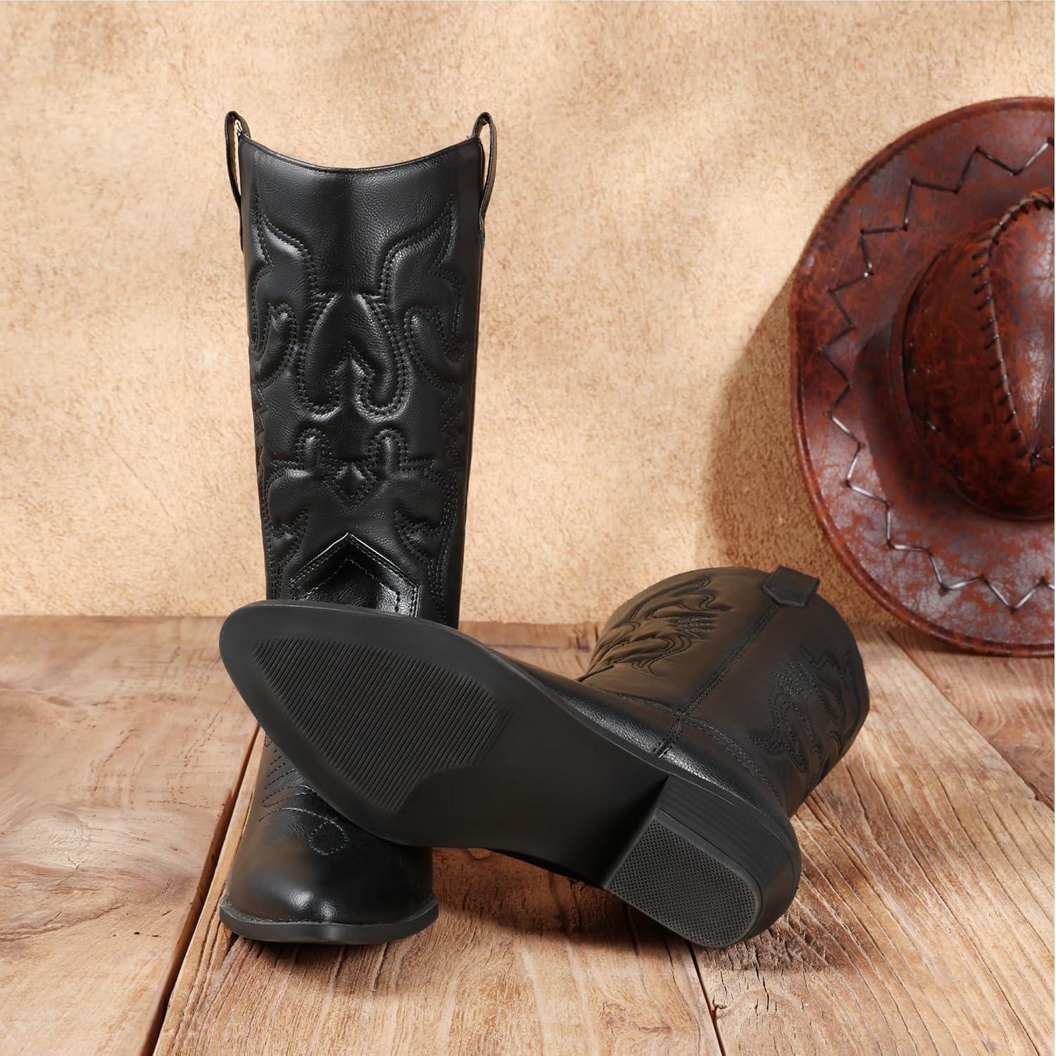 imageDREAM PAIRS Womens Cowboy Boots Pull On Cowgirl Boots Mid Calf Western Boots Available in Regular and Wide CalfBlack