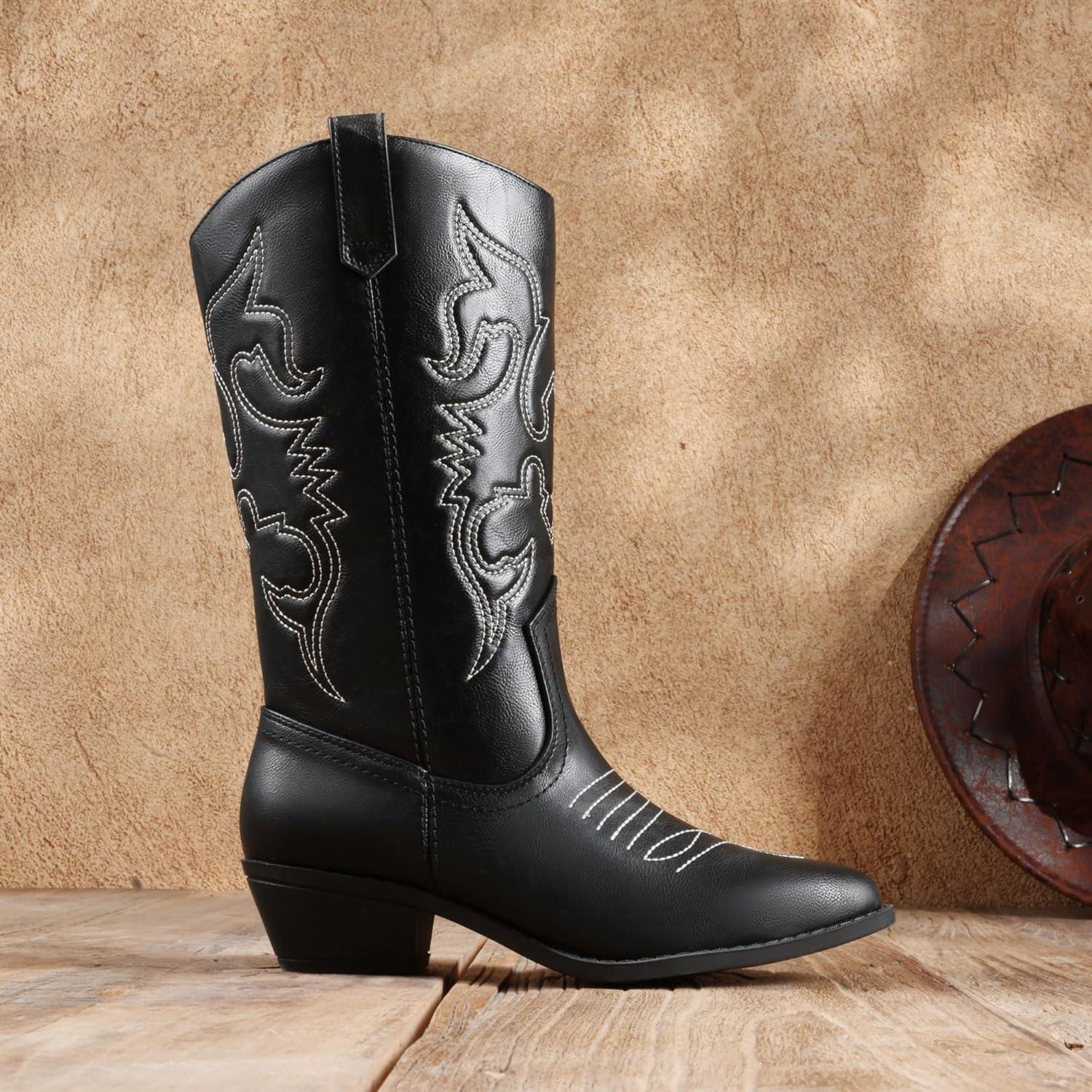 imageDREAM PAIRS Womens Cowboy Boots Pull On Cowgirl Boots Mid Calf Western Boots Available in Regular and Wide CalfBlackpu