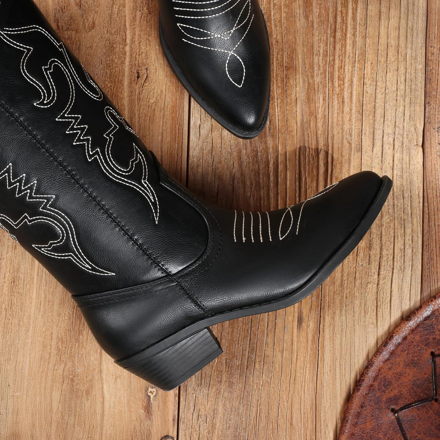 imageDREAM PAIRS Womens Cowboy Boots Pull On Cowgirl Boots Mid Calf Western Boots Available in Regular and Wide CalfBlackpu