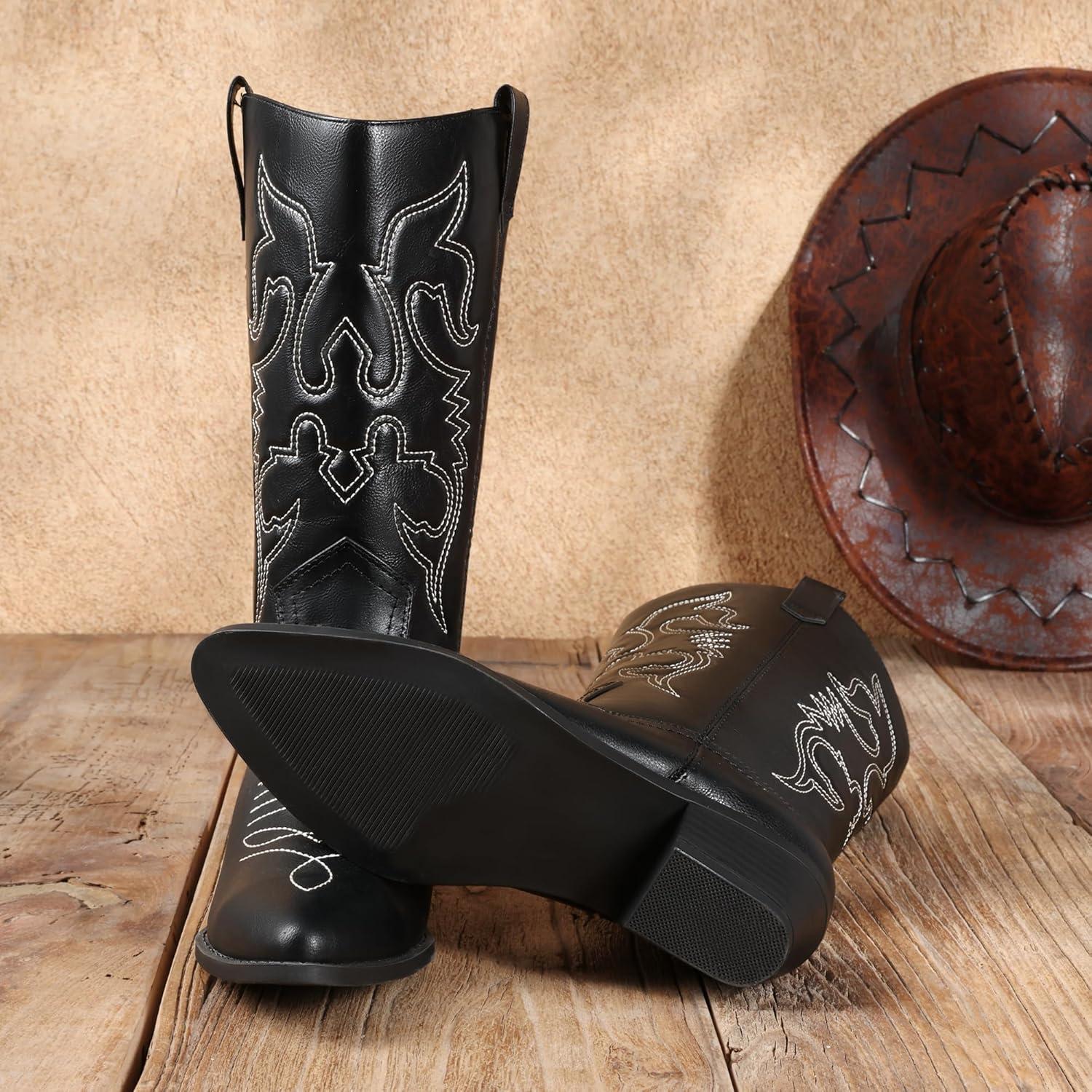 imageDREAM PAIRS Womens Cowboy Boots Pull On Cowgirl Boots Mid Calf Western Boots Available in Regular and Wide CalfBlackpu