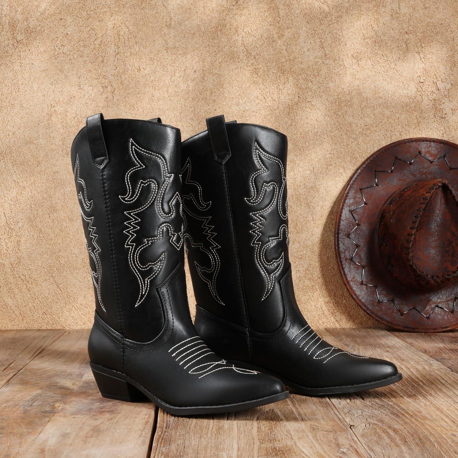 imageDREAM PAIRS Womens Cowboy Boots Pull On Cowgirl Boots Mid Calf Western Boots Available in Regular and Wide CalfBlackpu