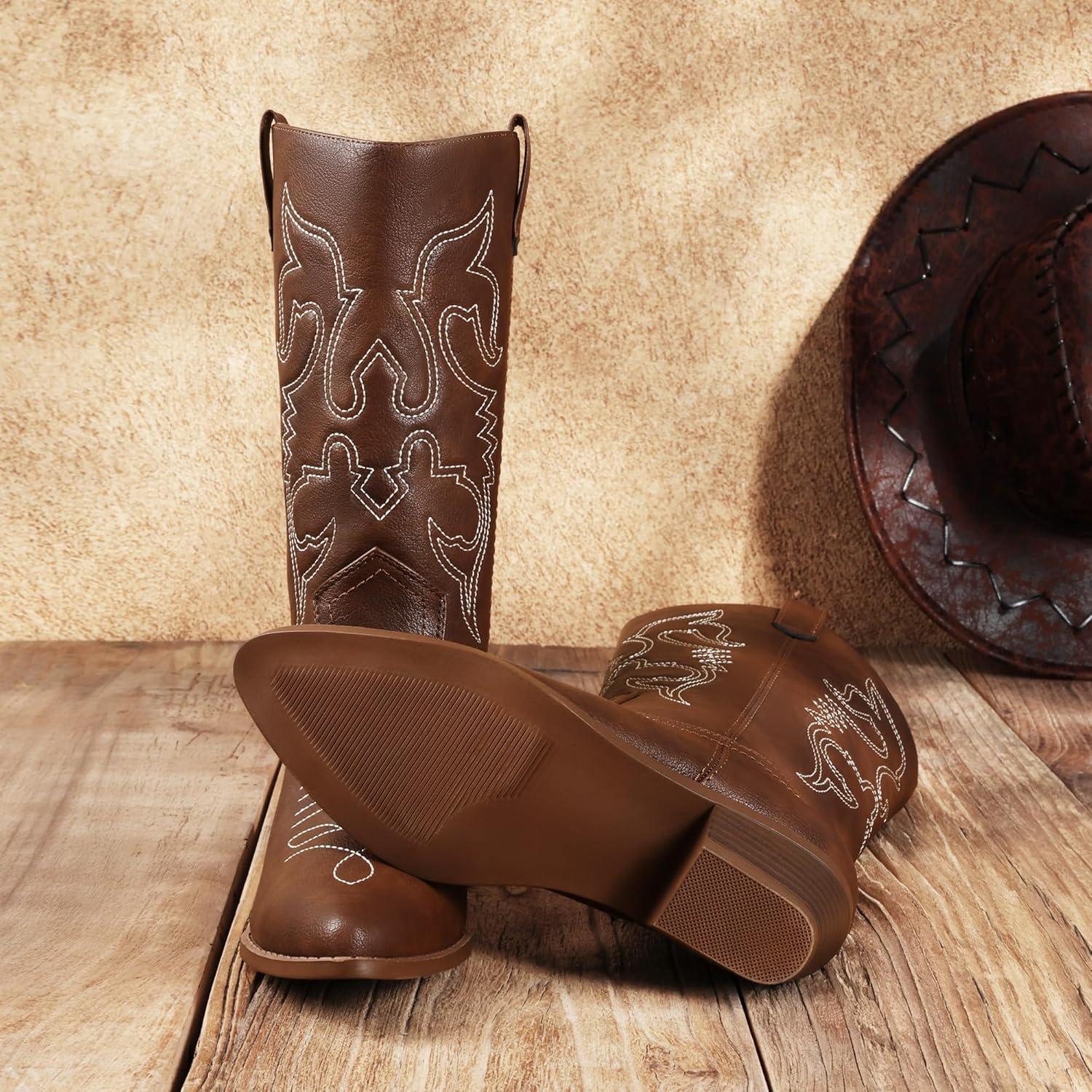 imageDREAM PAIRS Womens Cowboy Boots Pull On Cowgirl Boots Mid Calf Western Boots Available in Regular and Wide CalfBrownpu