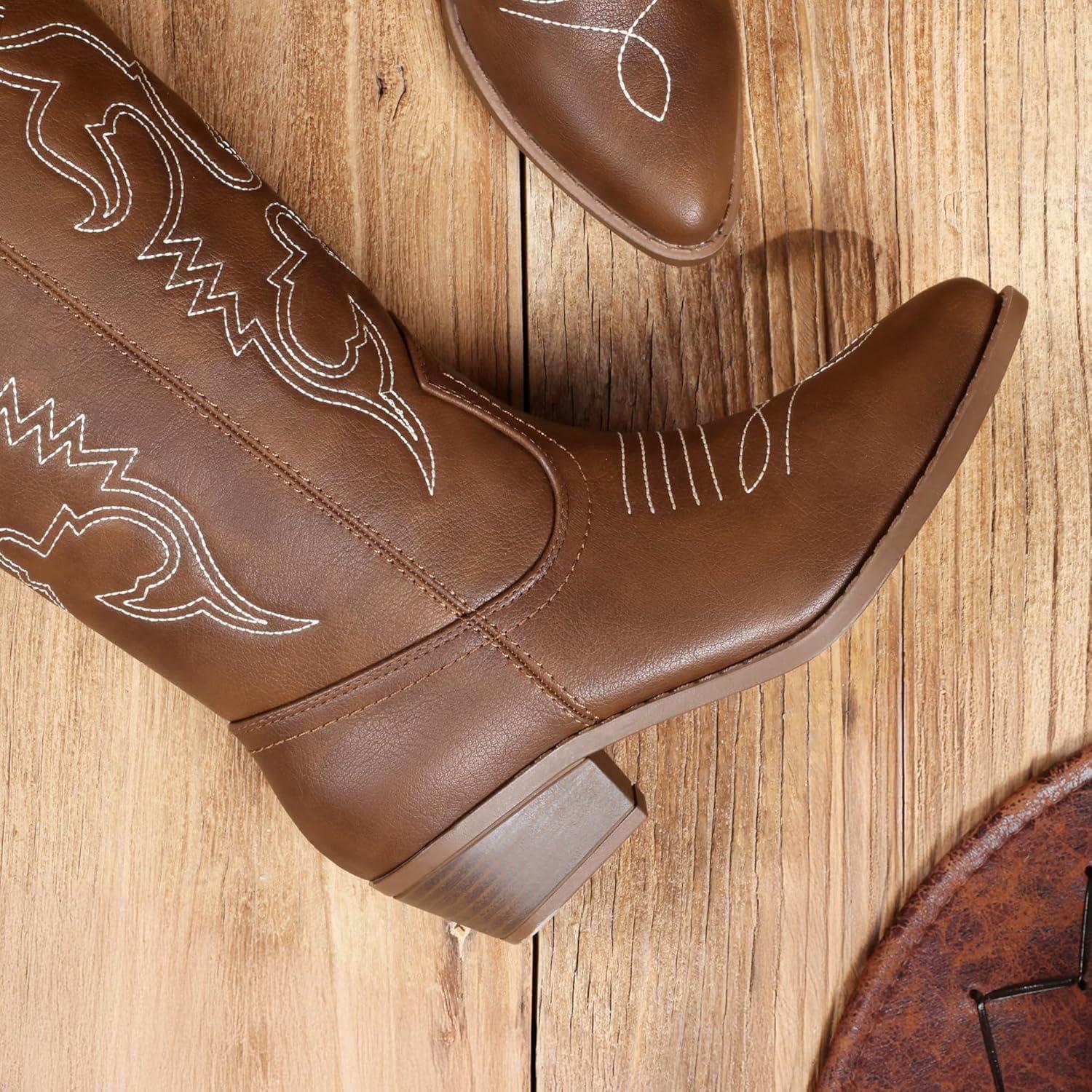 imageDREAM PAIRS Womens Cowboy Boots Pull On Cowgirl Boots Mid Calf Western Boots Available in Regular and Wide CalfBrownpu