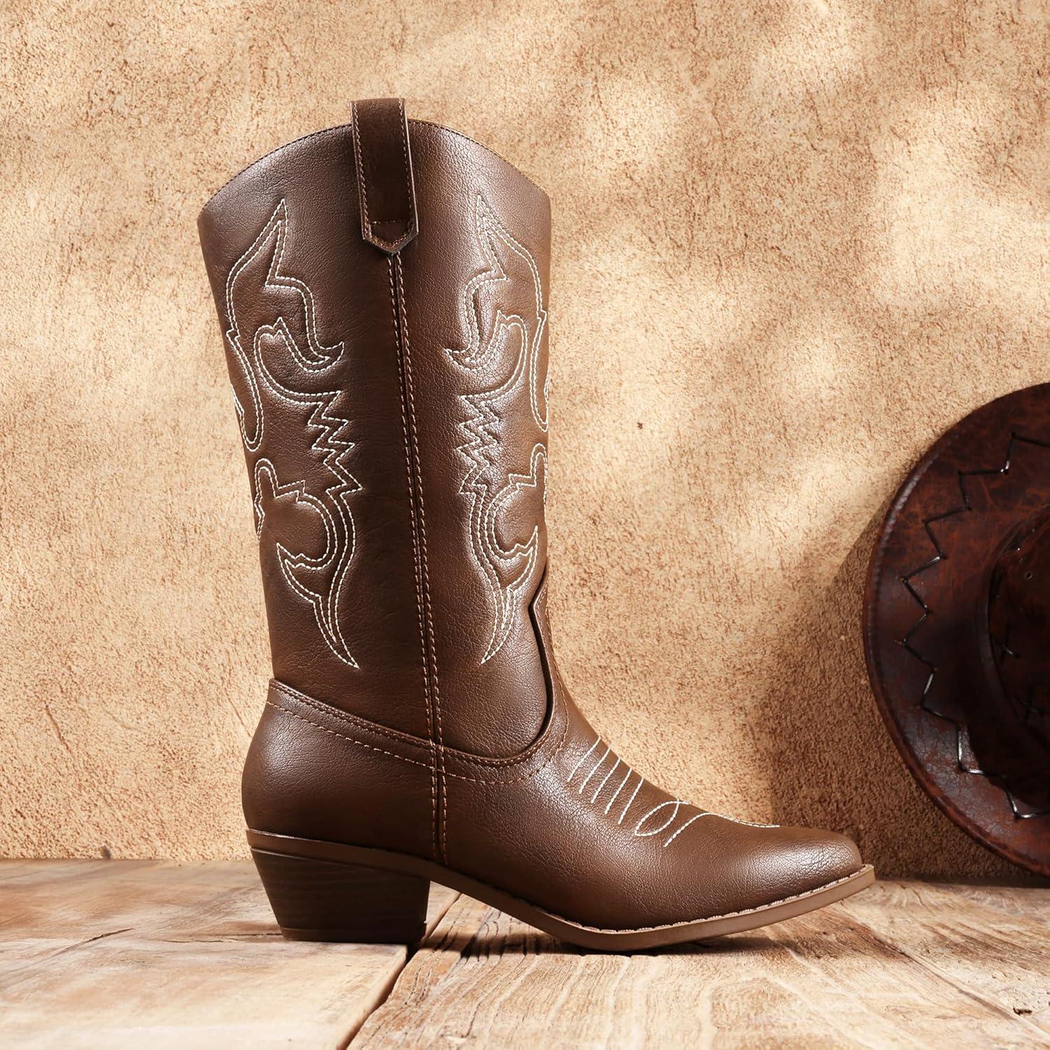 imageDREAM PAIRS Womens Cowboy Boots Pull On Cowgirl Boots Mid Calf Western Boots Available in Regular and Wide CalfBrownpu