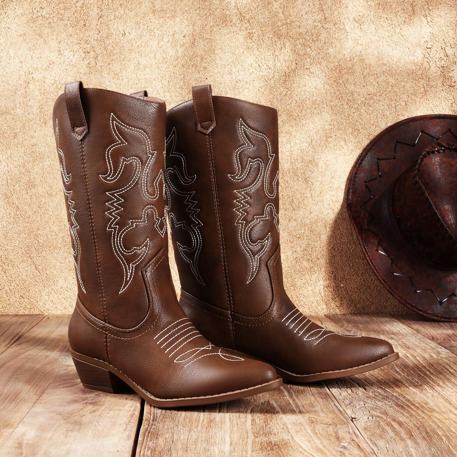 imageDREAM PAIRS Womens Cowboy Boots Pull On Cowgirl Boots Mid Calf Western Boots Available in Regular and Wide CalfBrownpu