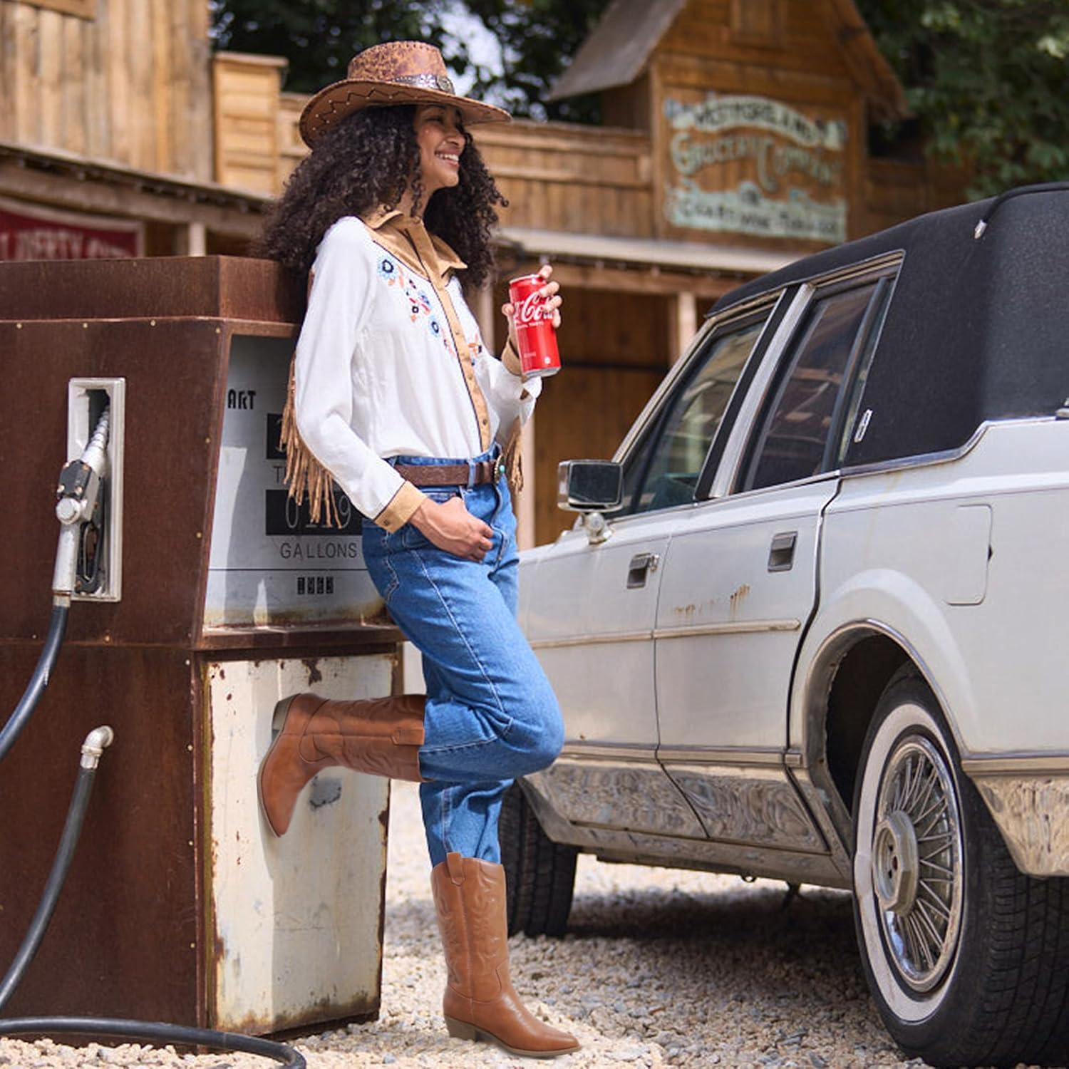 imageDREAM PAIRS Womens Cowboy Boots Pull On Cowgirl Boots Mid Calf Western Boots Available in Regular and Wide CalfBrownpu