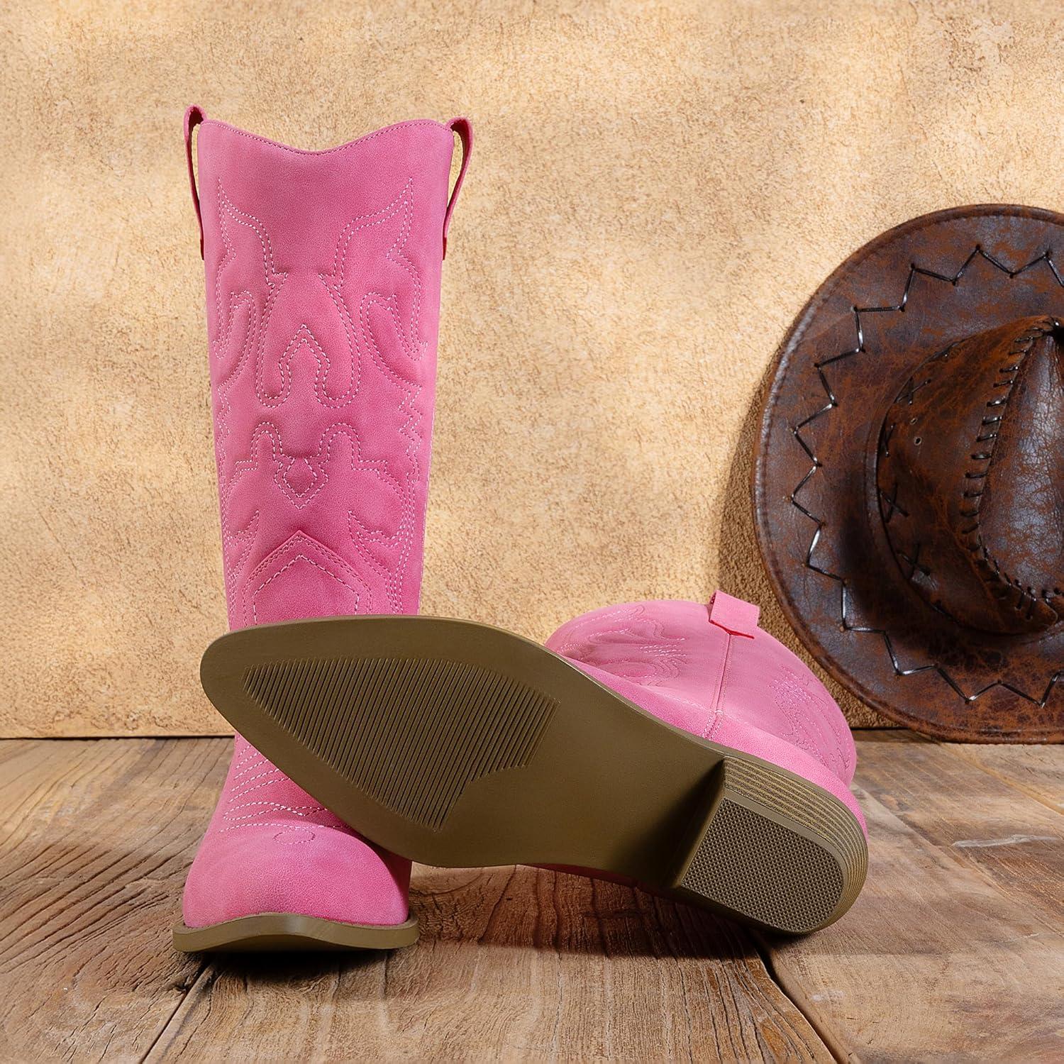 imageDREAM PAIRS Womens Cowboy Boots Pull On Cowgirl Boots Mid Calf Western Boots Available in Regular and Wide CalfHot Pink