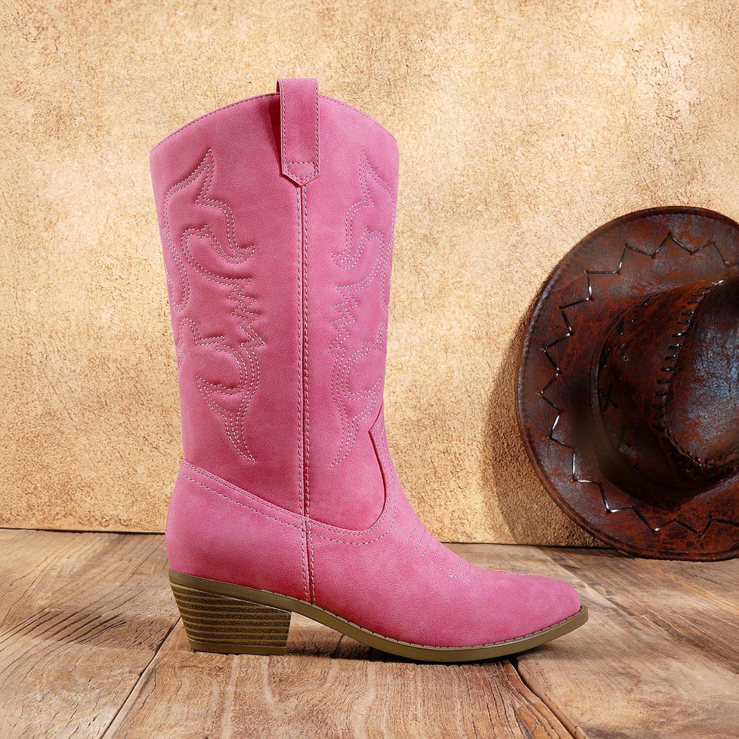 imageDREAM PAIRS Womens Cowboy Boots Pull On Cowgirl Boots Mid Calf Western Boots Available in Regular and Wide CalfHot Pink